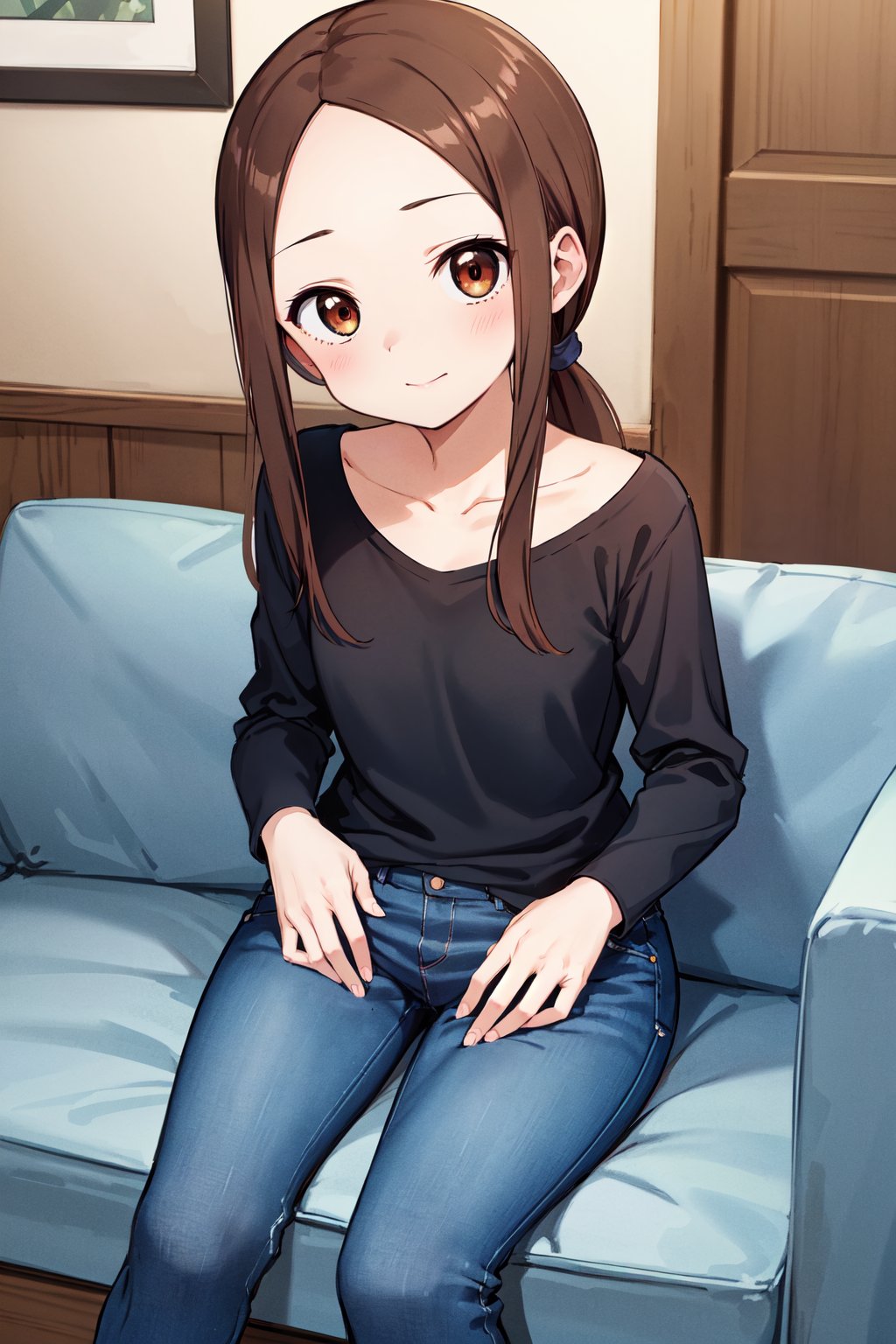 masterpiece, best quality, highres, 1girl, cctakagi, long hair, low ponytail, collarbone, black shirt, long sleeves, blue pants, jeans, <lora:takagi-san_v1:0.7>, indoors, sofa, sitting