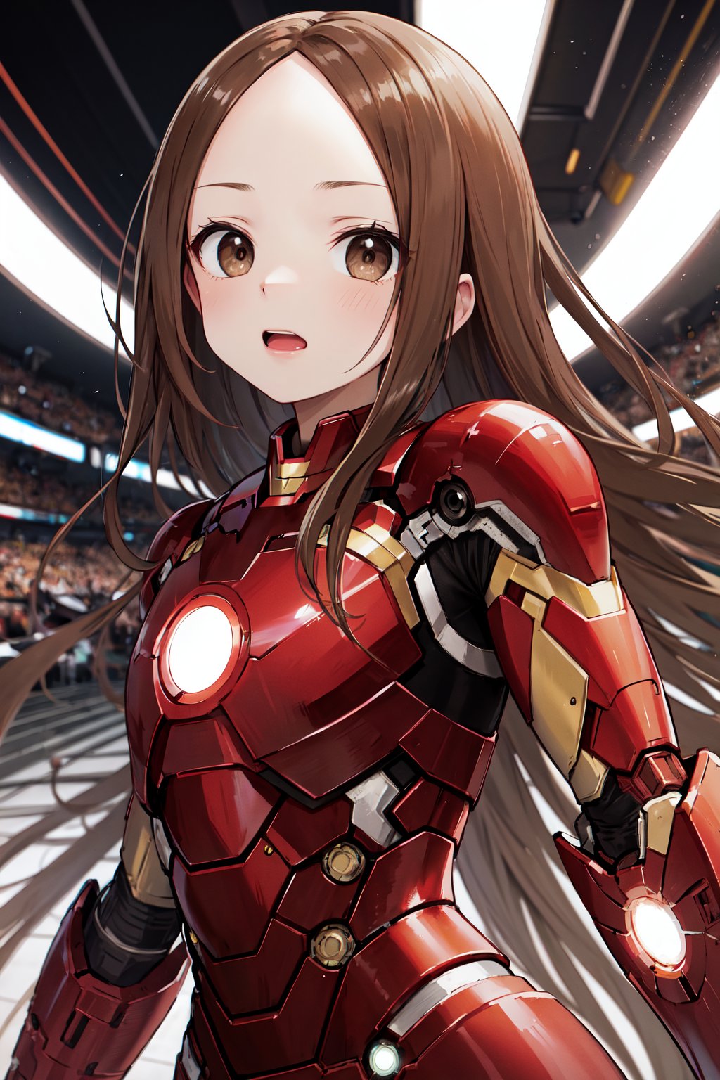 masterpiece, best quality, highres, aatakagi, long hair, <lora:takagi-san_v1:0.7>, iron man, fighting stance, upper body, 