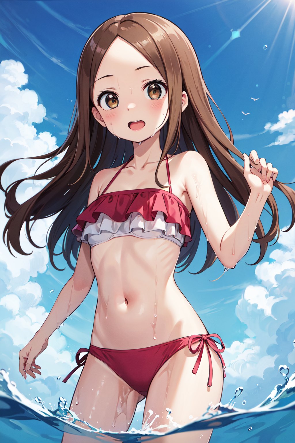 masterpiece, best quality, highres, 1girl, aatakagi, long hair, collarbone, swimsuit, pink bikini, frilled bikini, <lora:takagi-san_v1:0.7>, blue sky, water, wet, standing, partially submerged,