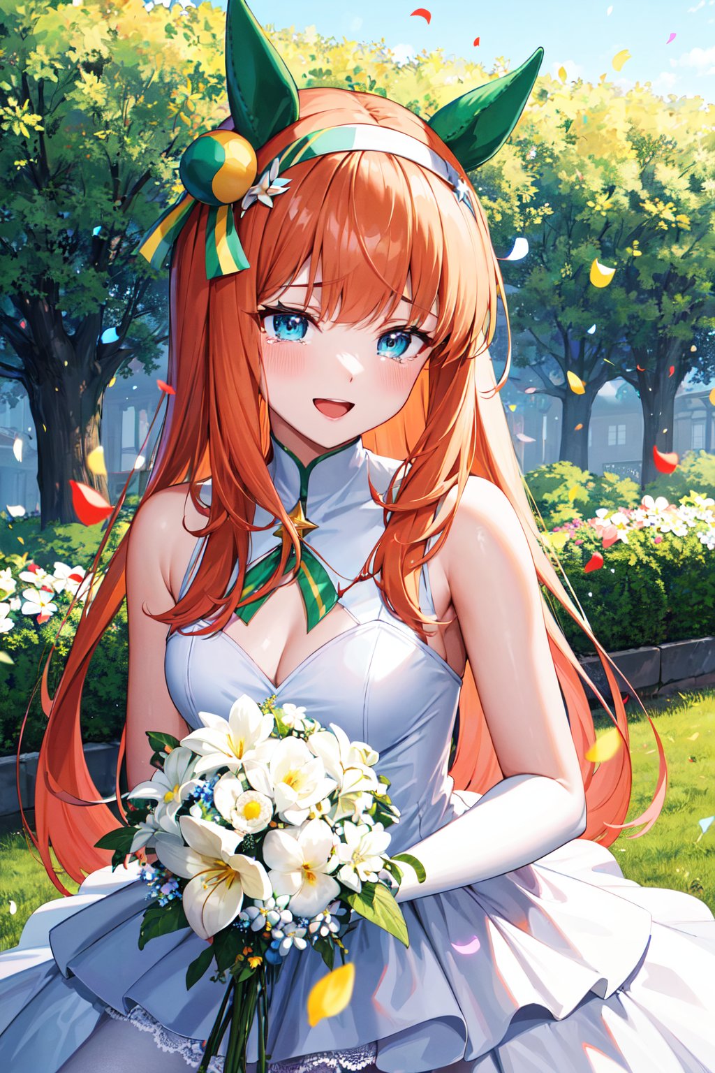 masterpiece, best quality, highres, aasuzuka, long hair, animal ears, ear covers, white hairband, horse tail, <lora:silence_suzuka_v1:0.7>, garden, wedding dress, white gloves, lace, smile, holding bouquet, tears, open mouth, confetti, flower, petals