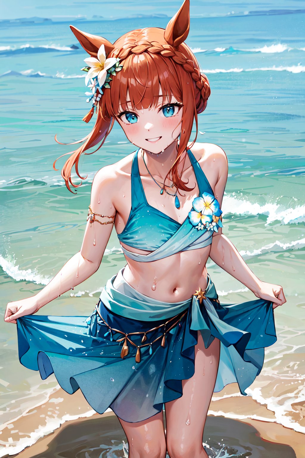 masterpiece, best quality, highres, ddsuzuka, braid, animal ears, hair flower, horse tail, necklace, collarbone, swimsuit, bikini, sarong, <lora:silence_suzuka_v1:0.7>, ocean, wet, smile, standing, partially submerged, wet, splashing, beach