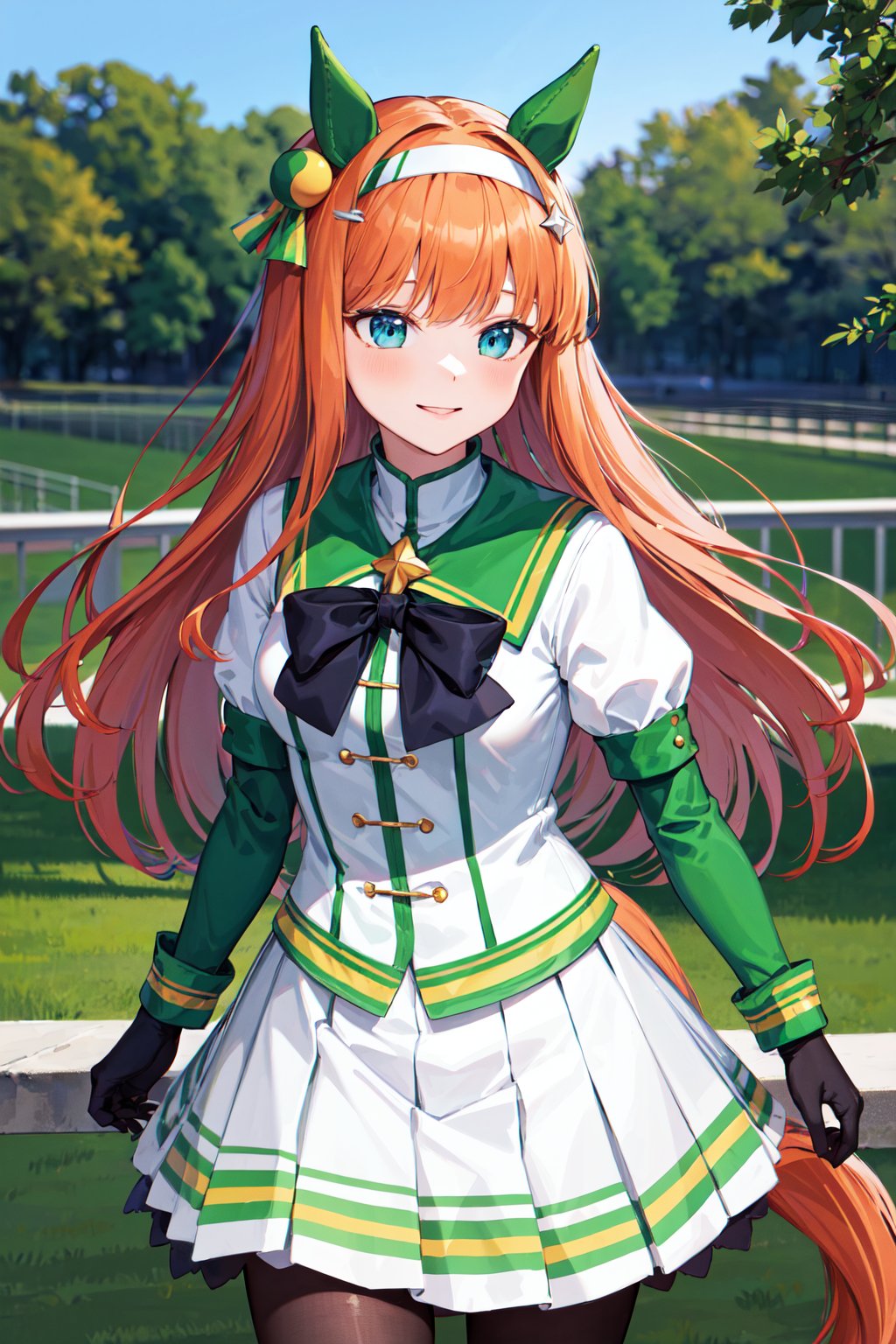 masterpiece, best quality, highres, aasuzuka, long hair, animal ears, ear covers, white hairband, horse tail, green sailor collar, black bow, white shirt, layered sleeves, green sleeves, black gloves, white skirt, black pantyhose, <lora:silence_suzuka_v1:0.7>, standing, cowboy shot, outdoors, smile