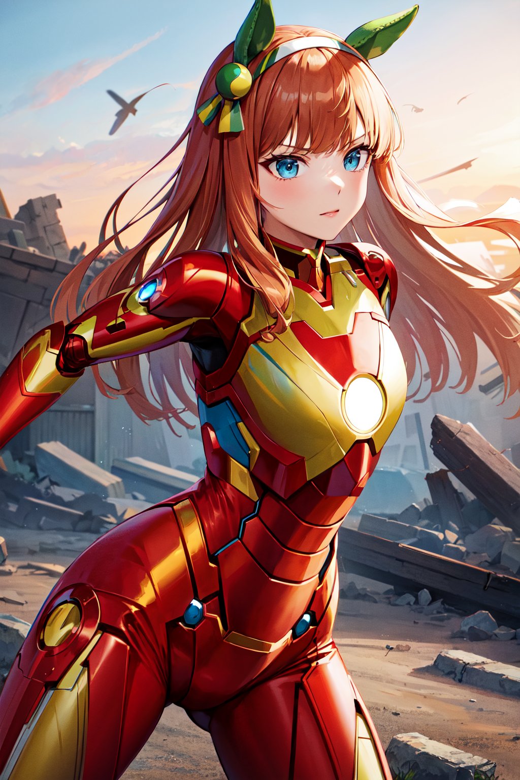 masterpiece, best quality, highres, aasuzuka, long hair, animal ears, ear covers, white hairband, horse tail, <lora:silence_suzuka_v1:0.7>, (iron man:1.2), serious, ruins, fighting stance, cowboy shot