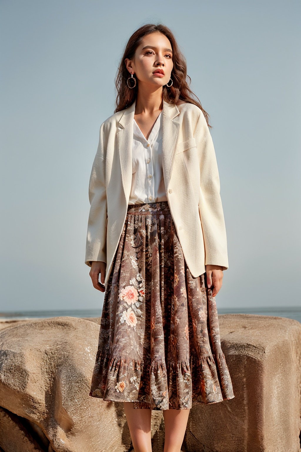 masterpiece, best quality,shishangmote \(sheying\), 1girl, solo, jewelry, brown hair, earrings, rock, skirt, long hair, outdoors, white jacket, looking at viewer, shirt, floral print, brown eyes, parted lips, jacket, realistic, long skirt, day, long sleeves, standing, photo background, feet out of frame, parted lips,Art fashion, photographic texture, studio lighting, high resolution, <lora:shishangmote-000010:0.6>