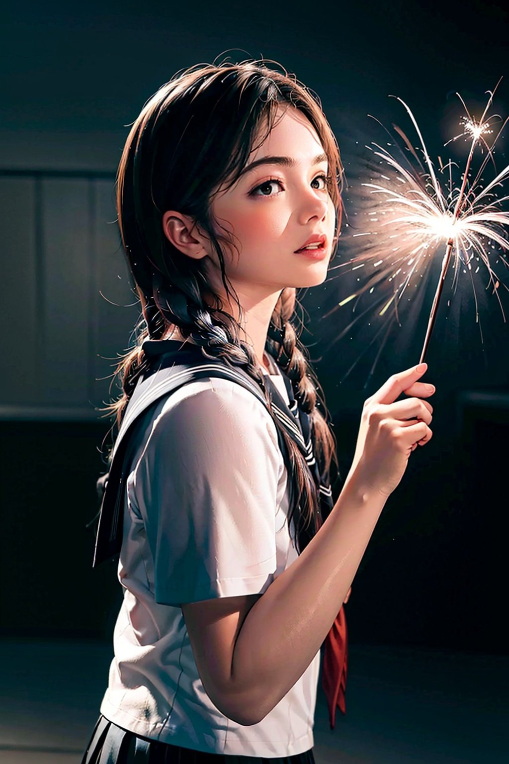 masterpiece,best quality,shishangmote \(sheying\),1girl, solo, sparkler, school uniform, fireworks, serafuku, braid, twin braids, black hair, realistic, skirt, parted lips, holding, short sleeves, lips, black eyes, long hair,artistic fashion,photographic texture,studio lighting,high resolution cinema-grade color scheme,intense contrast,Art fashion,photographic texture,studio lighting,high resolution,<lora:shishangmote-000010:0.6>,