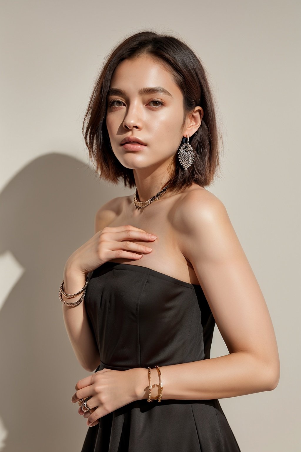 masterpiece, best quality,shishangmote \(sheying\), 1girl, jewelry, solo, ring, black hair, bracelet, necklace, realistic, earrings, dress, brown eyes, bare shoulders, black dress, strapless, shadow, lips, short hair, strapless dress, hand on own chest, looking at viewer, upper body, parted lips,Art fashion, photographic texture, studio lighting, high resolution, <lora:shishangmote-000010:0.6>