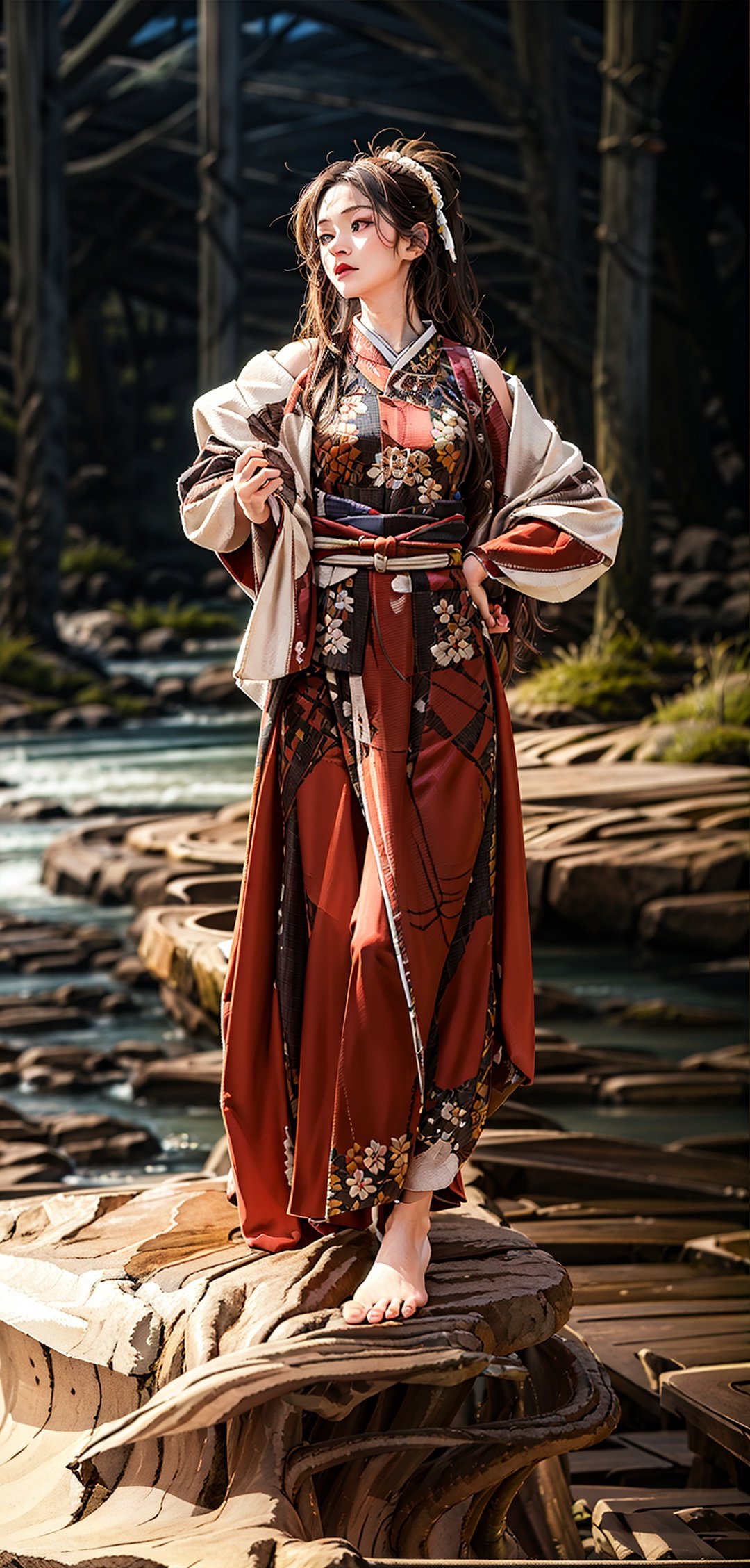 masterpiece,best quality,shishangmote \(sheying\),1girl,solo,water,black hair,barefoot,outdoors,long hair,river,rock,day,standing,full body,long sleeves,blurry,jewelry,realistic,hanfu,chinese clothes,pants,ponytail,photographic texture,studio lighting,high resolution cinema-grade color scheme,intense contrast,Art fashion,photographic texture,studio lighting,high resolution,<lora:shishangmote-000010:0.6>,