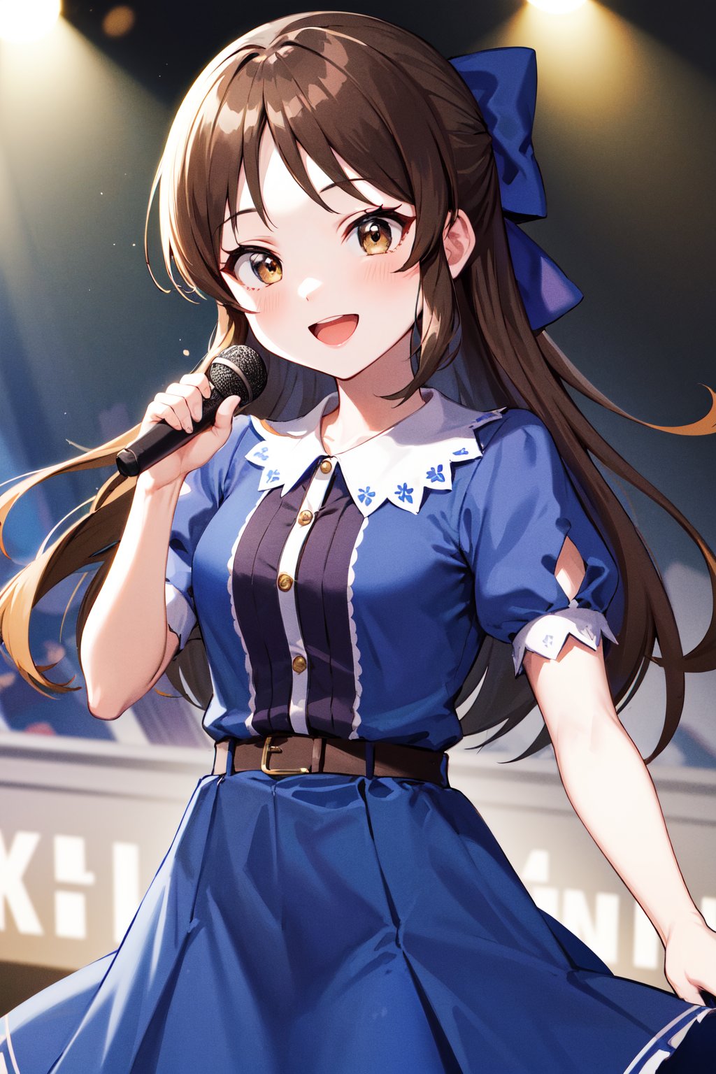 masterpiece, best quality, highres, hmarisu, long hair, hair bow, blue bow, blue dress, collared dress, short sleeves, puffy sleeves, belt, blue skirt, <lora:tachibana_arisu_v1:0.8>, holding microphone, stage, smile, open mouth, standing