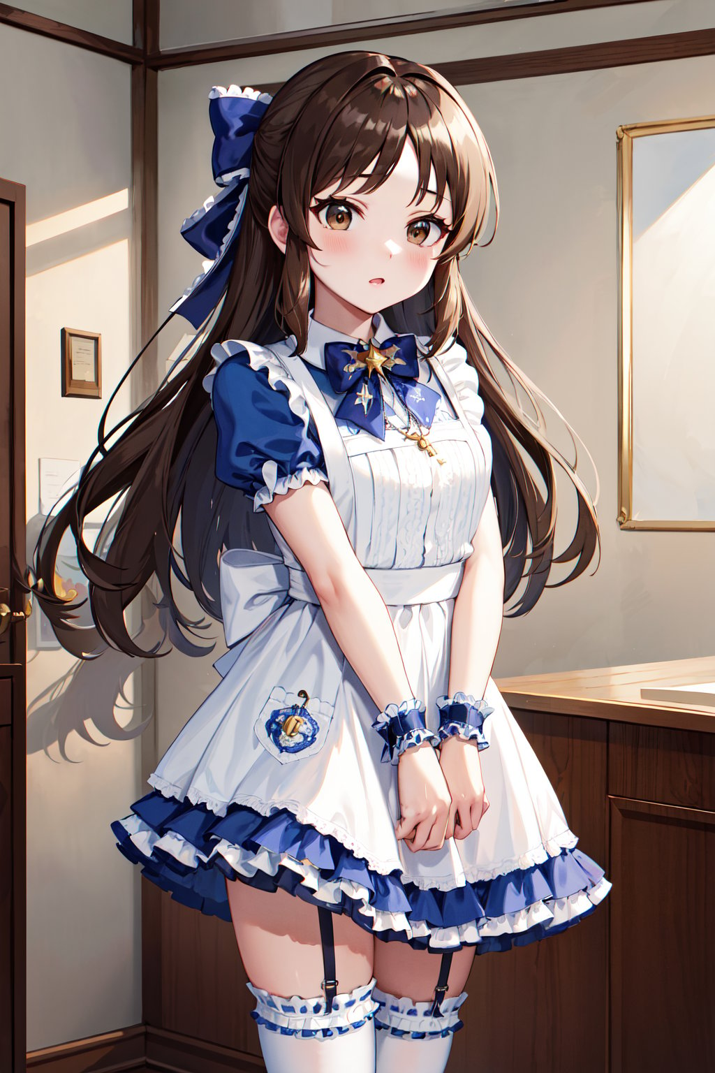 masterpiece, best quality, highres, hmarisu, long hair, hair bow, blue bow, key necklace, bowtie, frilled dress, puffy short sleeves, wrist cuffs, white apron, garter straps, striped thighhighs, <lora:tachibana_arisu_v1:0.8>, indoors, standing, cowboy shot