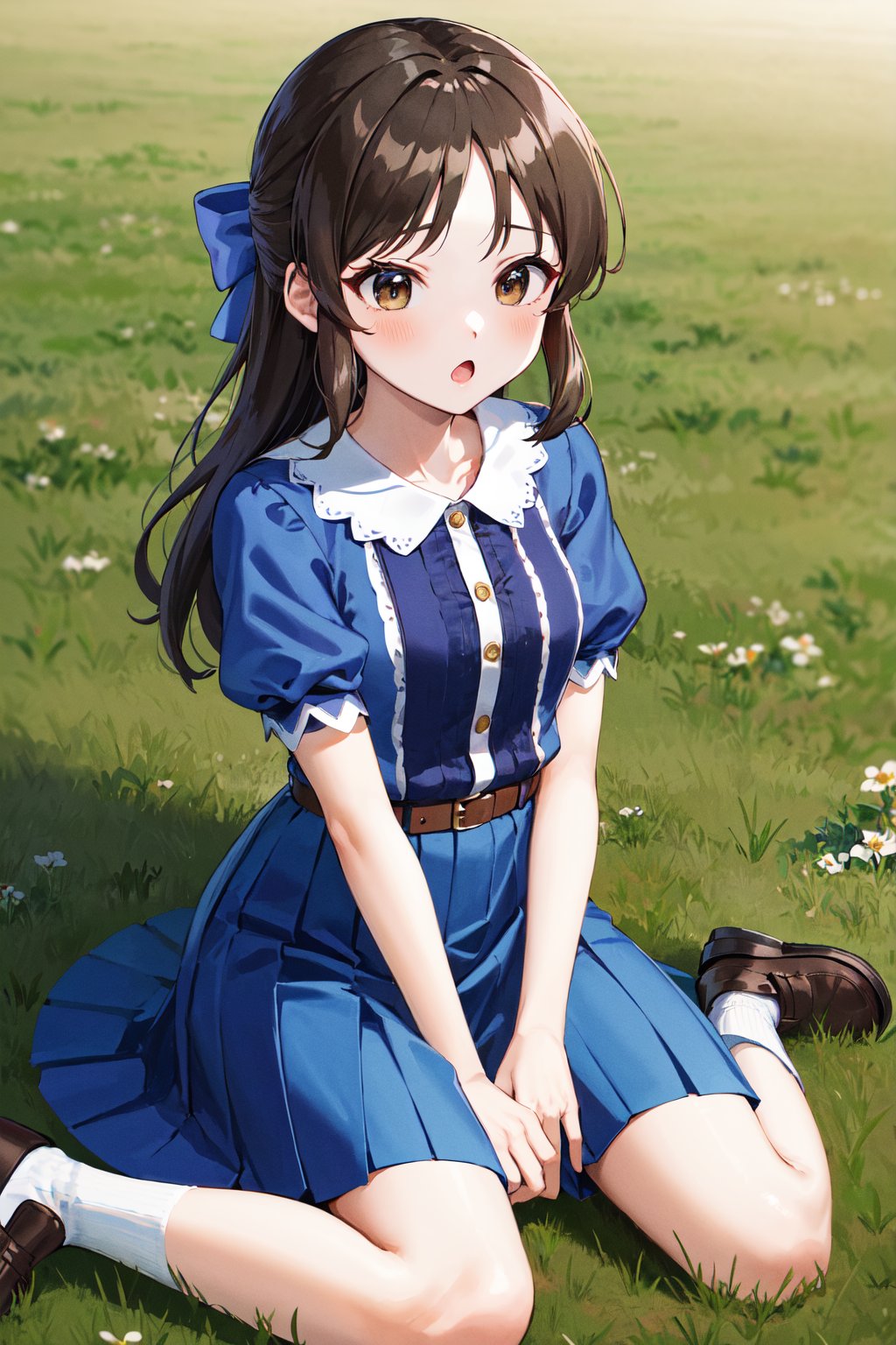 masterpiece, best quality, highres, hmarisu, long hair, hair bow, blue bow, blue dress, collared dress, short sleeves, puffy sleeves, belt, blue skirt, <lora:tachibana_arisu_v1:0.8>, :o, field, grass, wariza, socks, loafers,