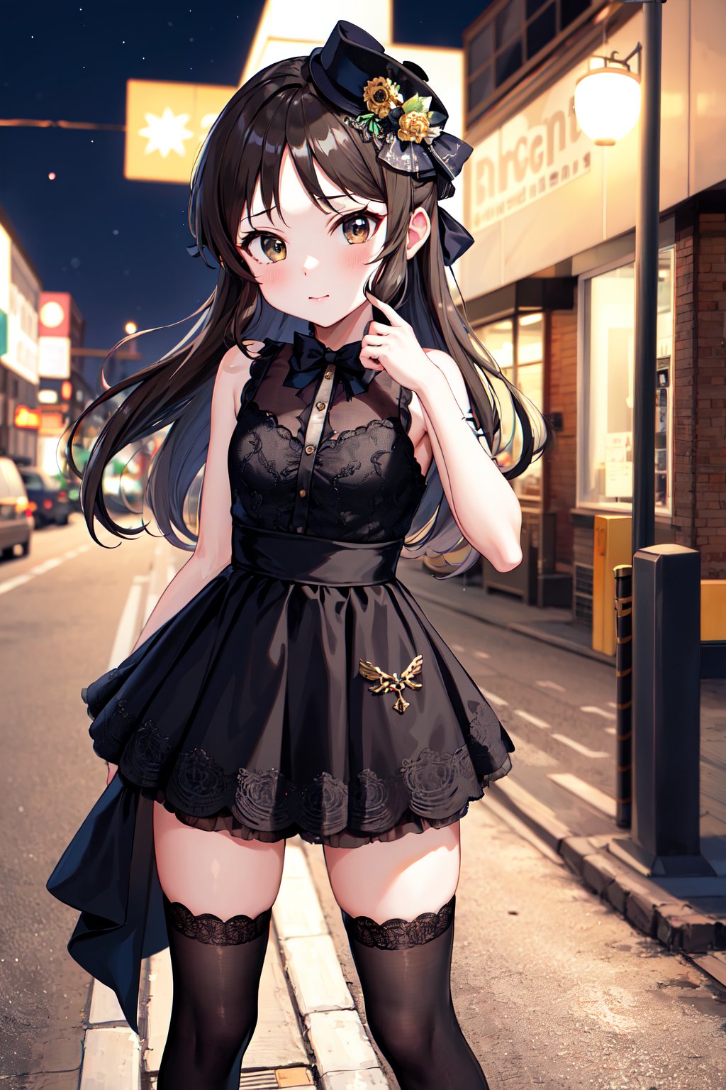 masterpiece, best quality, highres, hmarisu, long hair, mini hat, hair, hair bow, black bow, black dress, black thighhighs, <lora:tachibana_arisu_v1:0.8>, night, street, standing