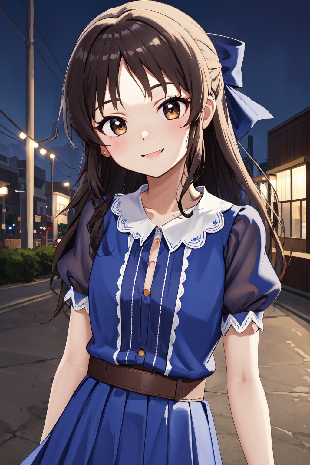 masterpiece, best quality, highres, hmarisu, long hair, hair bow, blue bow, blue dress, collared dress, short sleeves, puffy sleeves, belt, blue skirt, <lora:tachibana_arisu_v1:0.8>, upper body, outdoors, smile