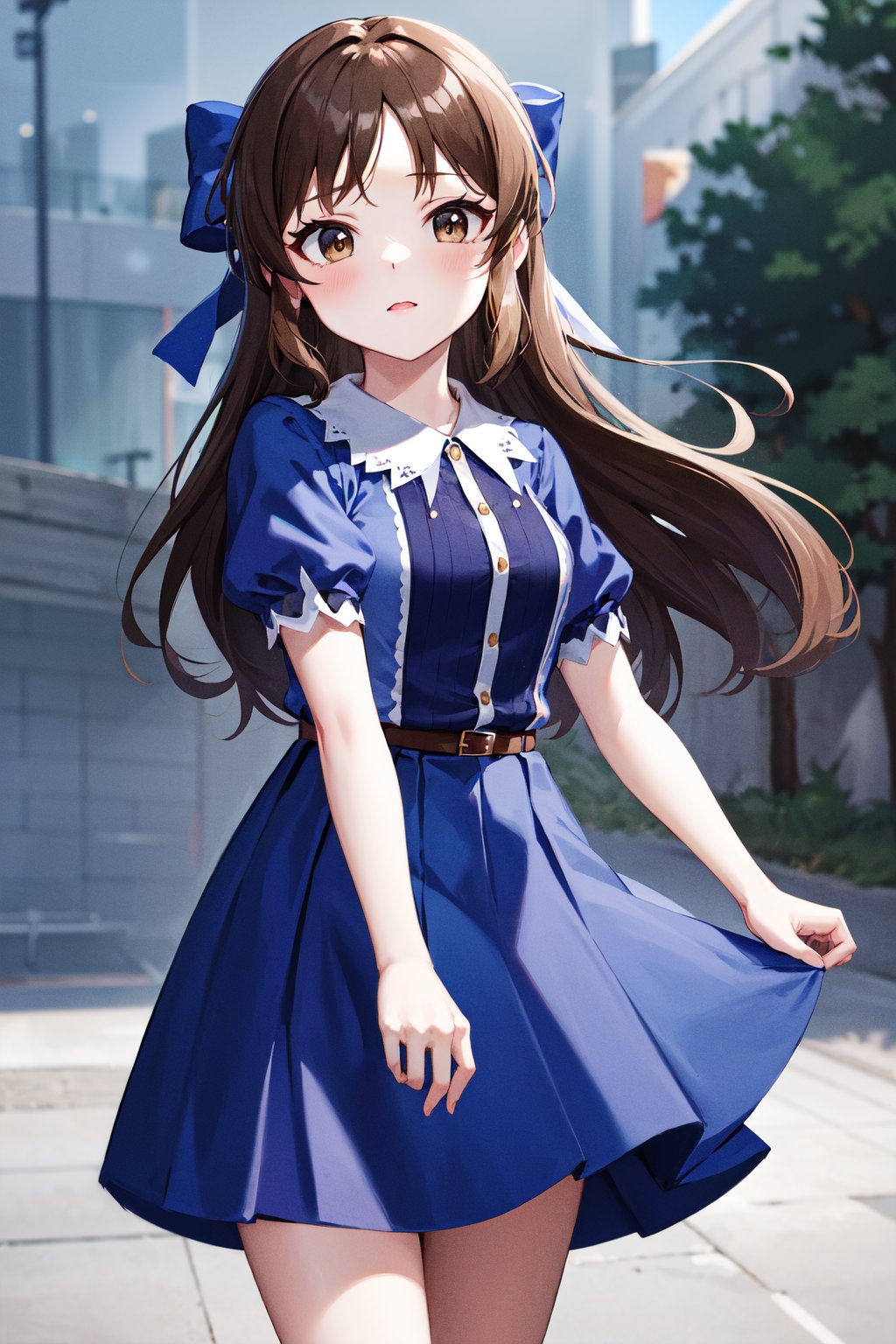 masterpiece, best quality, highres, hmarisu, long hair, hair bow, blue bow, blue dress, collared dress, short sleeves, puffy sleeves, belt, blue skirt, <lora:tachibana_arisu_v1:0.8>, cowboy shot, standing,