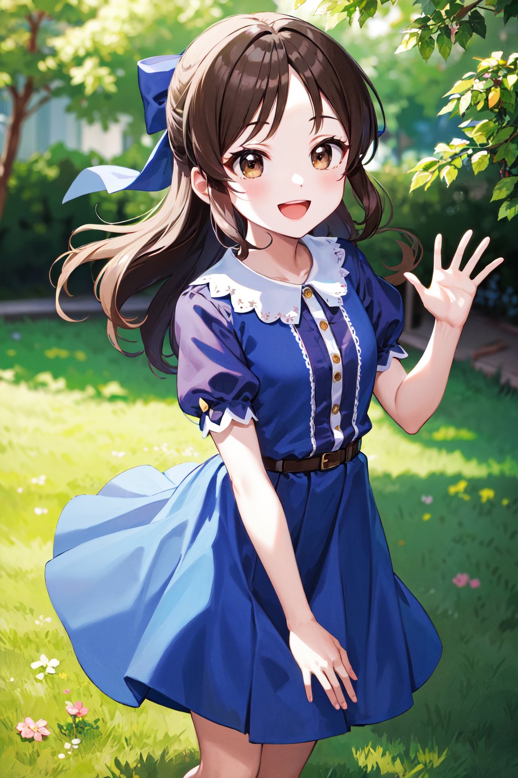 masterpiece, best quality, highres, hmarisu, long hair, hair bow, blue bow, blue dress, collared dress, short sleeves, puffy sleeves, belt, blue skirt, <lora:tachibana_arisu_v1:0.8>, smile, open mouth, waving, outdoors,