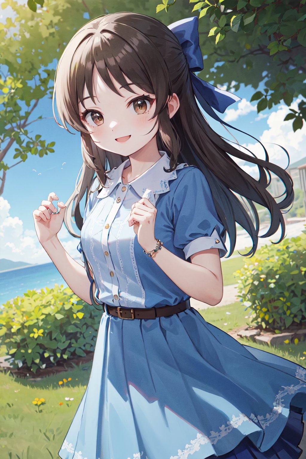 masterpiece, best quality, highres, hmarisu, long hair, hair bow, blue bow, blue dress, collared dress, short sleeves, puffy sleeves, belt, blue skirt, <lora:tachibana_arisu_v1:0.8>, upper body, outdoors, smile