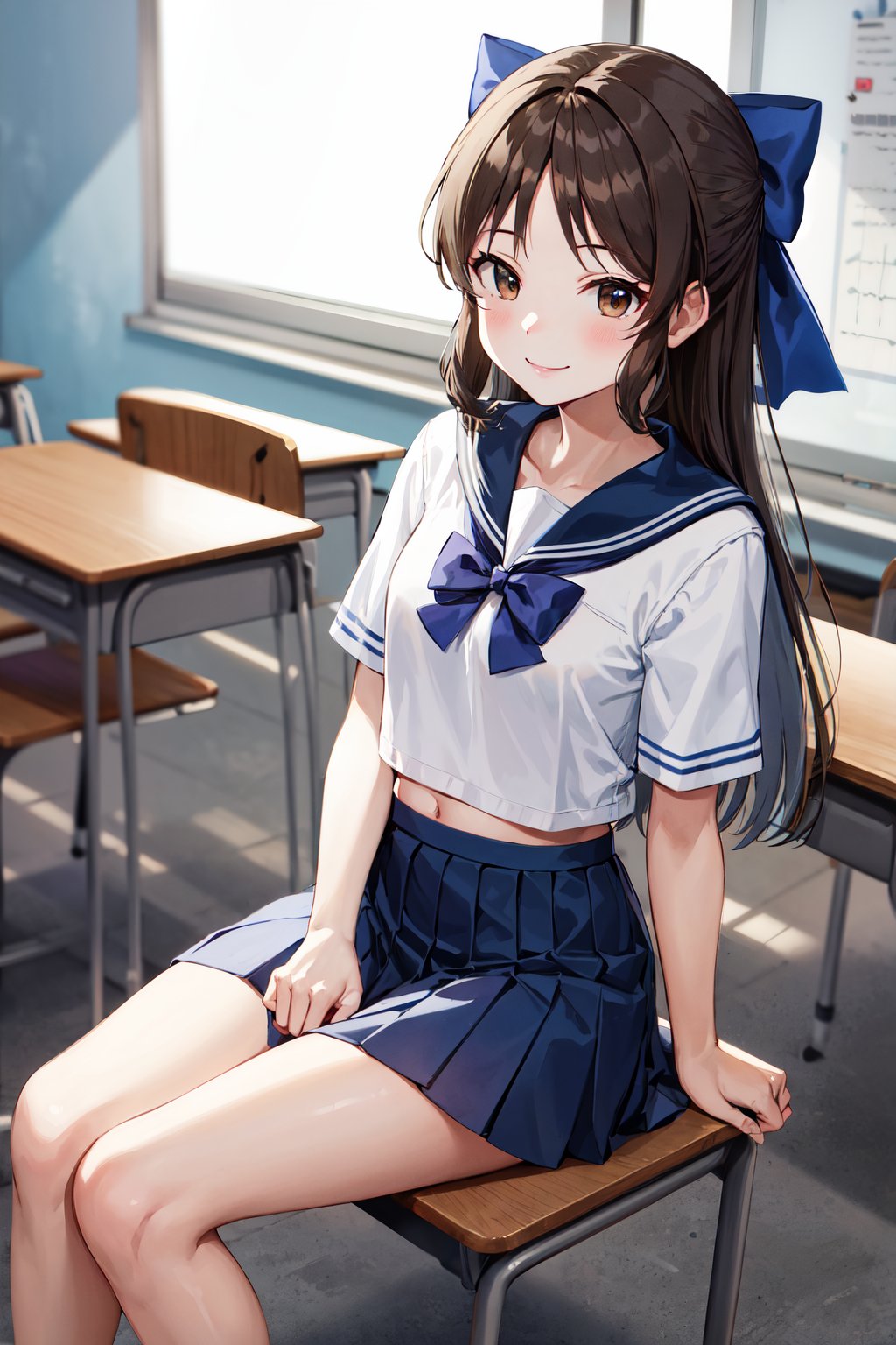 masterpiece, best quality, highres, hmarisu, long hair, hair bow, blue bow, serafuku, sailor collar, white shirt, skirt, <lora:tachibana_arisu_v1:0.8>, classroom, sitting, smile