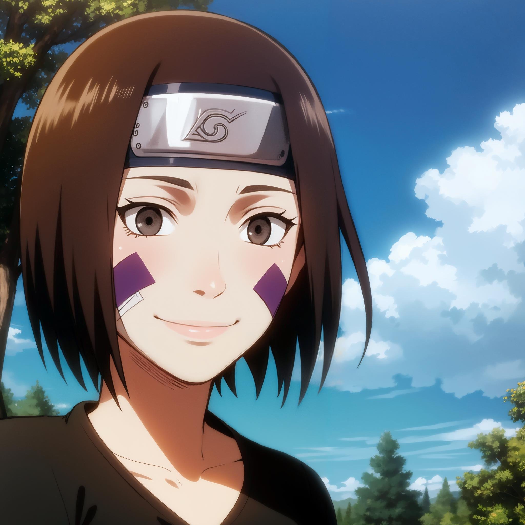 <lora:Rin:1>,1girl, solo, brown hair, brown eyes, short hair, forehead protector, smile, (black shirt:1.1), facial mark, long sleeves, bracelet, konohagakure symbol, headband, collarbone, bike shorts, bangs, thighhighs, bandages,black thighhighs,outdoors,forest,day,cloud, looking at viewer, closed mouth, portrait,  <lora:aot_style:0.4>,lips,