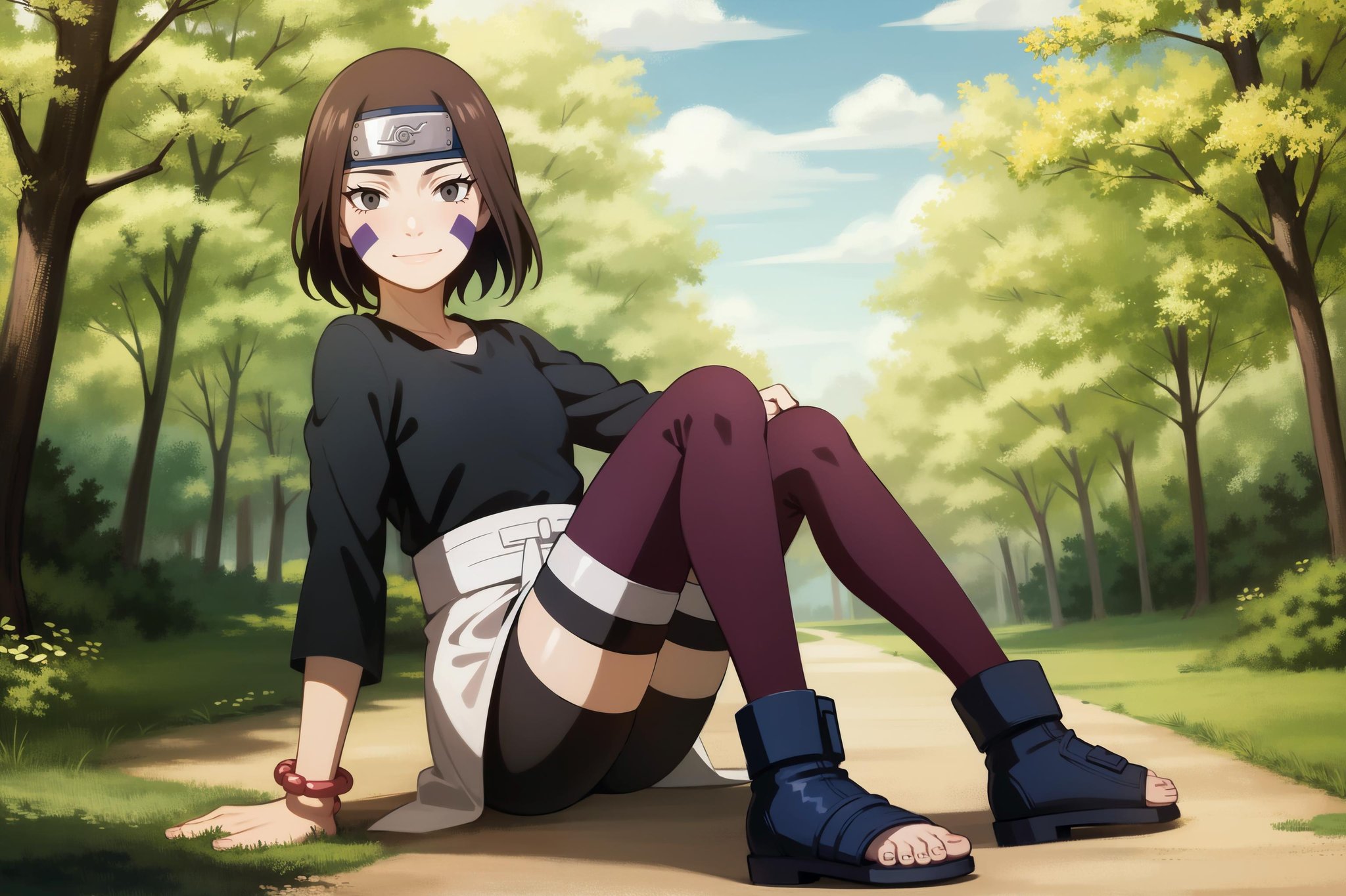 <lora:Rin:1>,1girl, solo, brown hair, brown eyes, waist apron, short hair, forehead protector, smile, (black shirt:1.1), facial mark, full body, long sleeves, bracelet, konohagakure symbol, headband, sandals, bike shorts, bangs, thighhighs, bandages,anime coloring, full body, toeless footwear,black thighhighs,outdoors,forest,day,cloud,sitting, looking at viewer, closed mouth, 