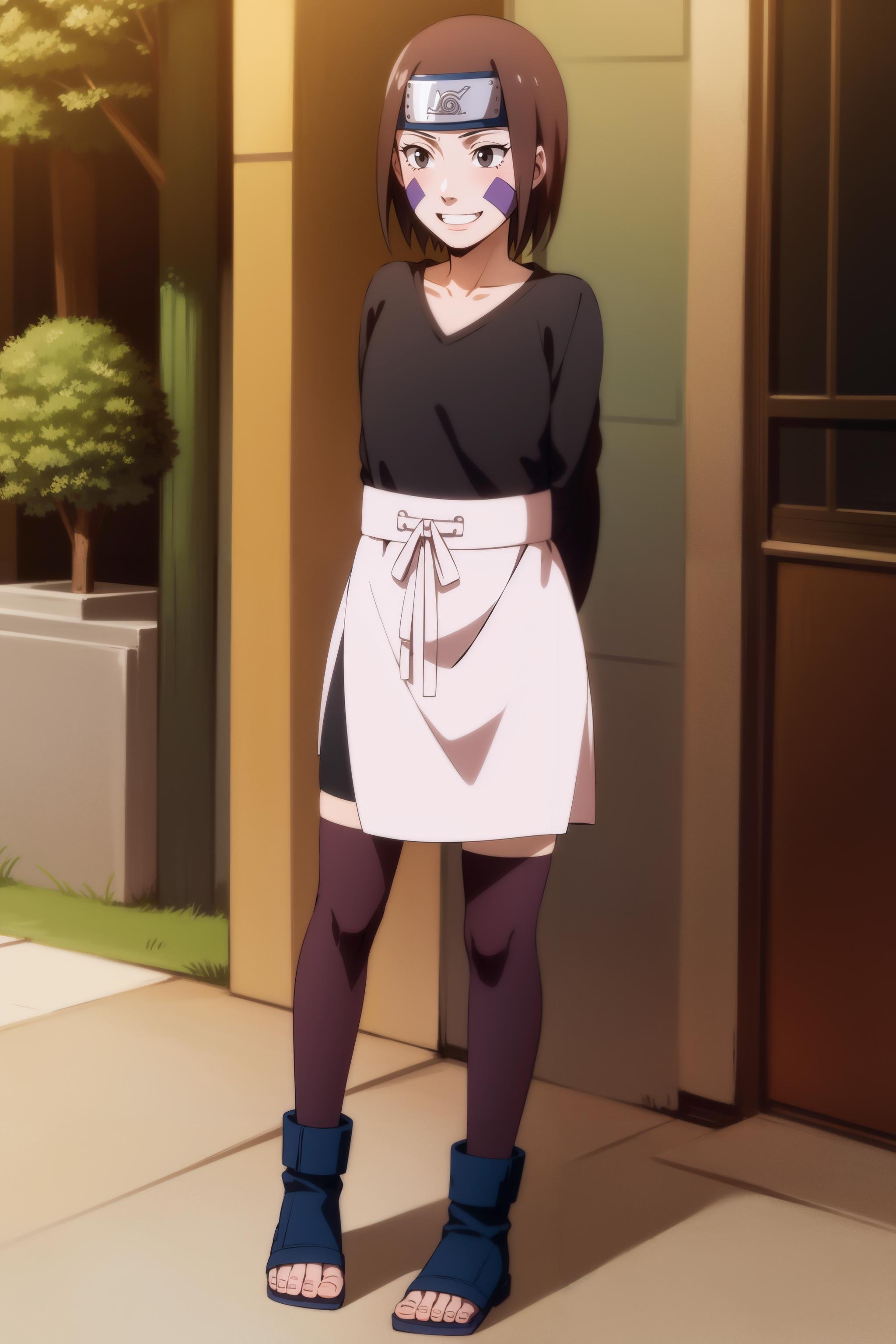 <lora:Rin:1>,1girl, solo, brown hair, brown eyes, waist apron, short hair, forehead protector, smile, (black shirt:1.1), facial mark, full body, long sleeves, bracelet, konohagakure symbol, headband, sandals, collarbone, bike shorts, bangs, thighhighs, bandages,anime screencap,wall, full body, toeless footwear,black thighhighs, standing,leaning forward, arms behind back, 