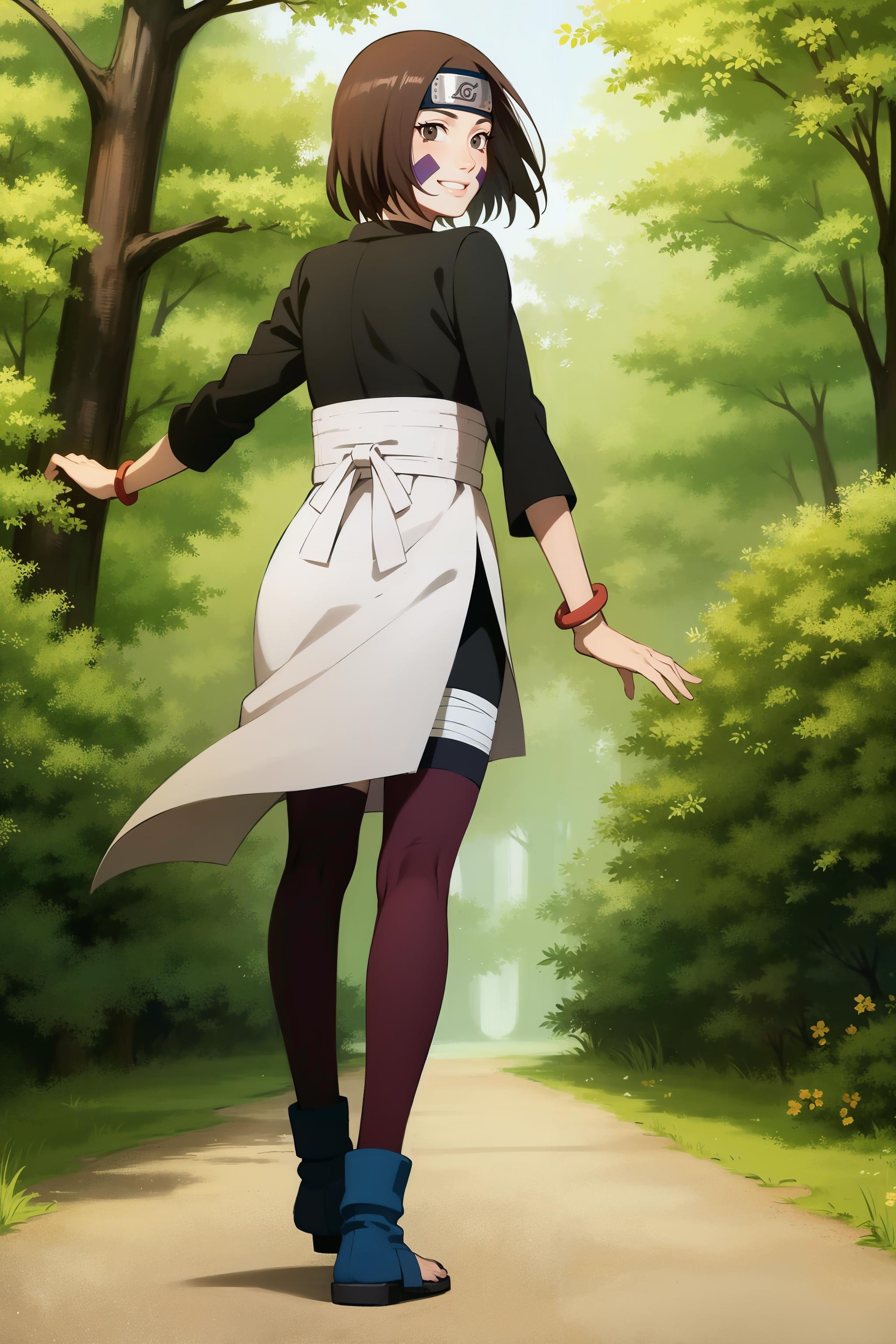 <lora:Rin:1>,1girl, solo, brown hair, brown eyes, waist apron, short hair, forehead protector, smile, (black shirt:1.1), facial mark, full body, long sleeves, bracelet, konohagakure symbol, headband, sandals, bike shorts, bangs, thighhighs, bandages,anime coloring,wall, full body, toeless footwear,black thighhighs, walking,outdoors,forest,day,cloud, from behind, looking back, looking at viewer, 