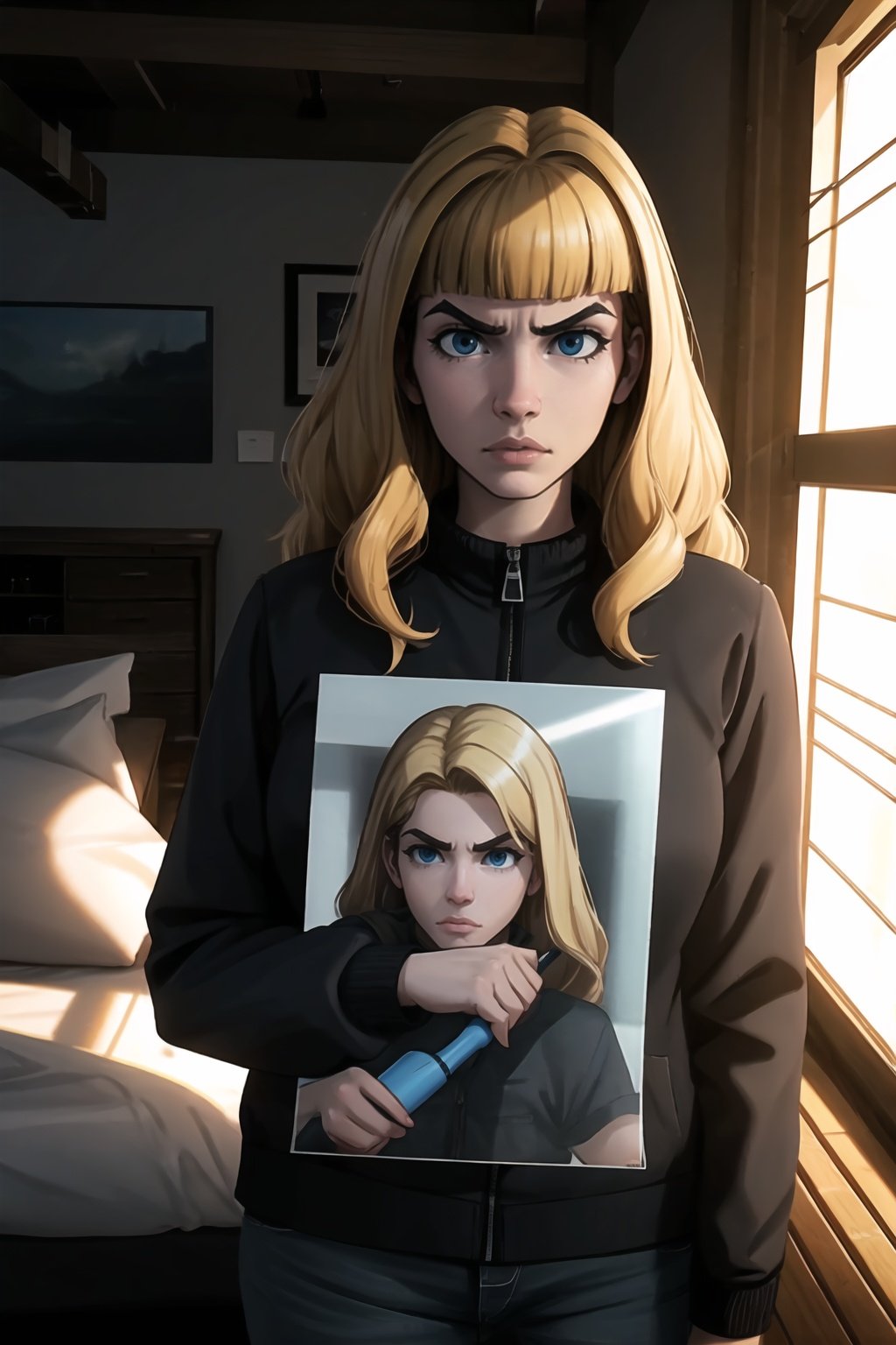 art by Martin Puryear, (art by Raina Telgemeier:0.8) , 3D Rendering, masterpiece, Intellectual Vulcan, Repulsive Blonde hair, FOV 90 degrees, moody lighting, masterpiece, best quality,