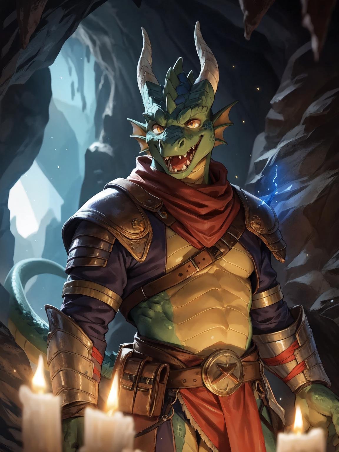 solo, male, adventurer, (male anthro dragon:1.3), (green body:1.1), yellow belly, (standing:1.3), (kemono:1.2), (cave:1.23), (leather armor), (excited:1.3), open mouth,  ,detailed eyes, dragon tail, horn, (bust portrait), (detailed eyes), (indoors:1.35), crystal, torch, smoke, dnd, (dark:1.4), (particles ,firefly, blue glowing:1.3), detailed background, 8k hd, (dark shadows, wide dynamic range, hdr, low light:1.2), by Pino Daeni, canyne khai, milkytiger1145, (bara), [dagasi, yupa], (((detailed eyes)))