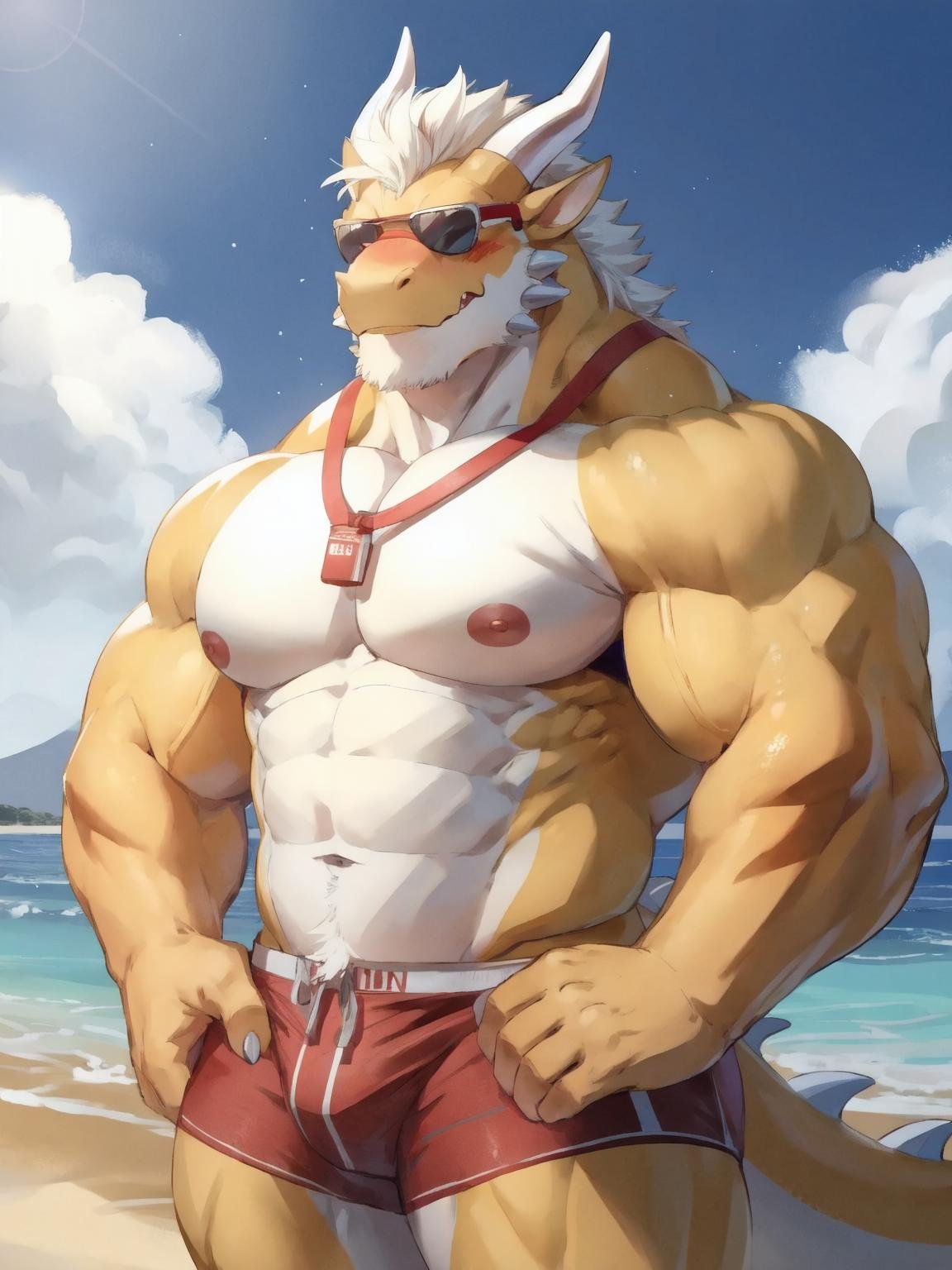 male, anthro, muscle, (kemono), (dragon), yellow body, blush, red swimwear, lifeguard, sunglasses, beach, half length portrait, white mane, horns, by bara, detailed background, light particles, hi res, bara