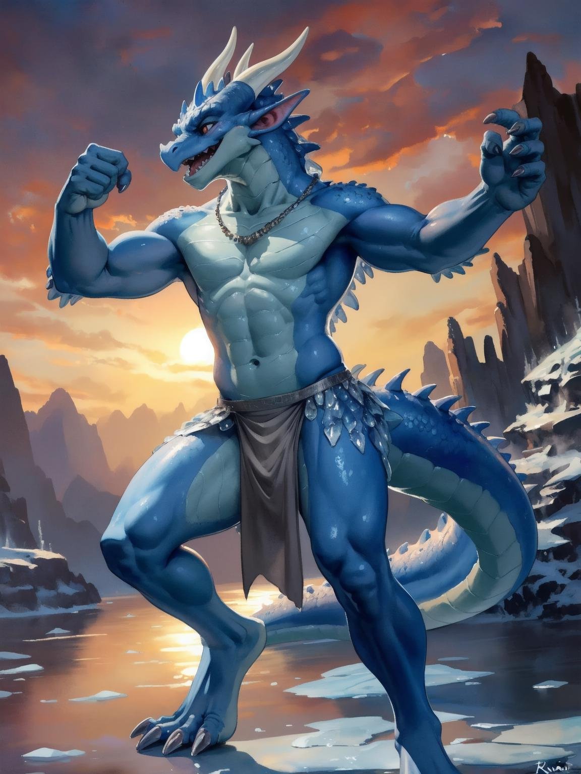 masterpiece, high quality, absurd res, digital painting \(artwork\), solo, (kemono:1.4), male anthro dragon, blue body, ice, (dancing), smile, sunset, loincloth, by (by Pino Daeni, (by ruaidri), yupa, kiyosan), detailed background, anime, (dark shadows, wide dynamic range, hdr, low light:1.2), muscular