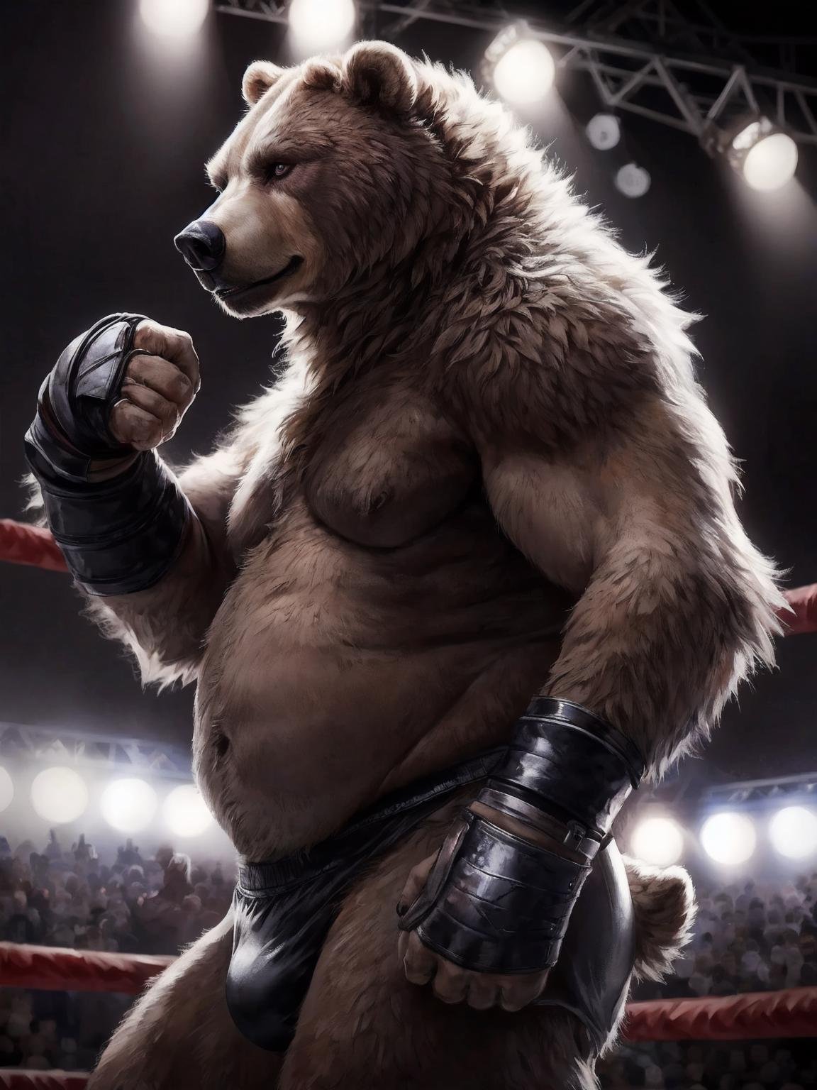 male anthro bear, chubby, dynamic pose, bust portrait, underwear, solo, realistic fur, detailed background, bedroom, detailed fluffy fur, long fluffy fur, photorealism, fighting ring, hdr, short tail, crowd, purple stage light, leather gauntlet, realistic, ultra realistic