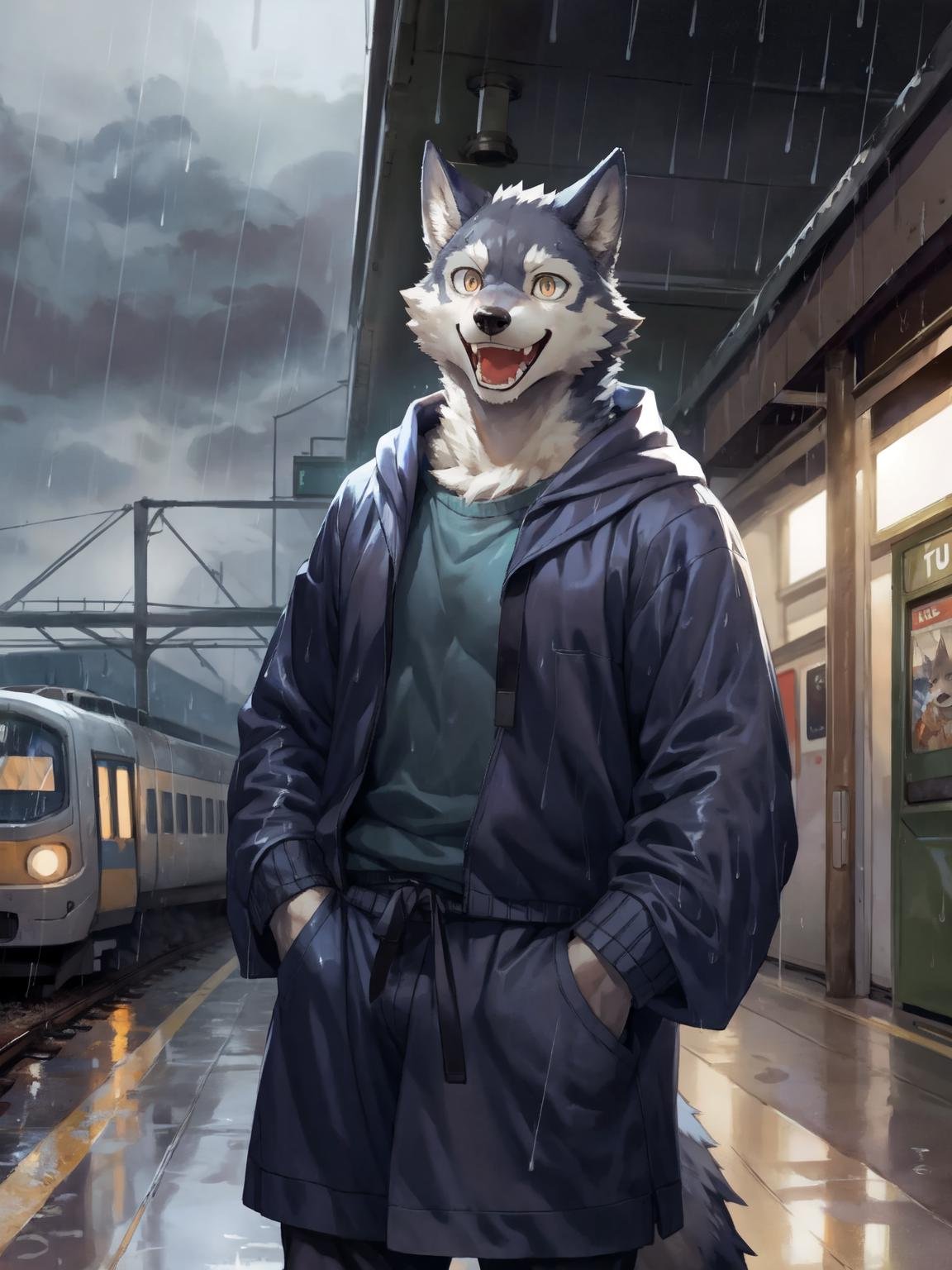 masterpiece, best quality, perfect anatomy, bright eyes, watery eyes, by t.y.stars, by null-ghost, by k0bit0wani, furry, wolf, (felis:0.25), male, solo, baggy clothing, (open smile:1.1), gentle, looking at viewer, train station, rain, (waterdrop:0.9), grey sky, raining, (fog:0.4), detailed background