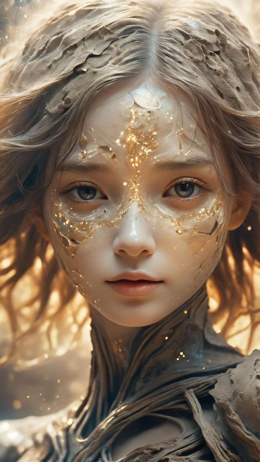 Masterpiece,high quality,(solo:1.2),(1girl:1.2),soil element,sand,(a ((Angel | girl)) made of sand),cracked skin,the golden sand,very beautiful woman,an angel in front of vast universe appears with surrounding paradises. From afar,galaxies look like areas of sky full of light,creating a simple but no less impressive imaginary scene.,magmortar,