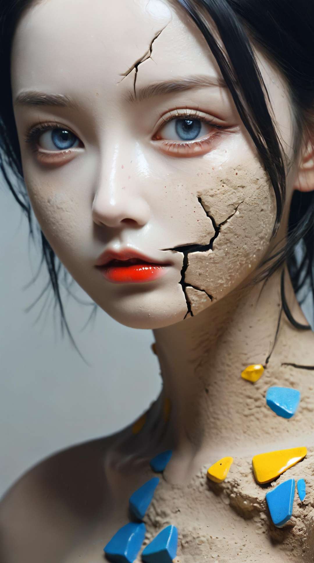 <lora:xl-shanbailing-1022Soil elements-土元素:0.85>,soil element,sand,1girl,a girl made of sand,cracked skin,parted lips,realistic,a girl made of red,blue and yellow gravel,black hair,crack,rock,portrait,