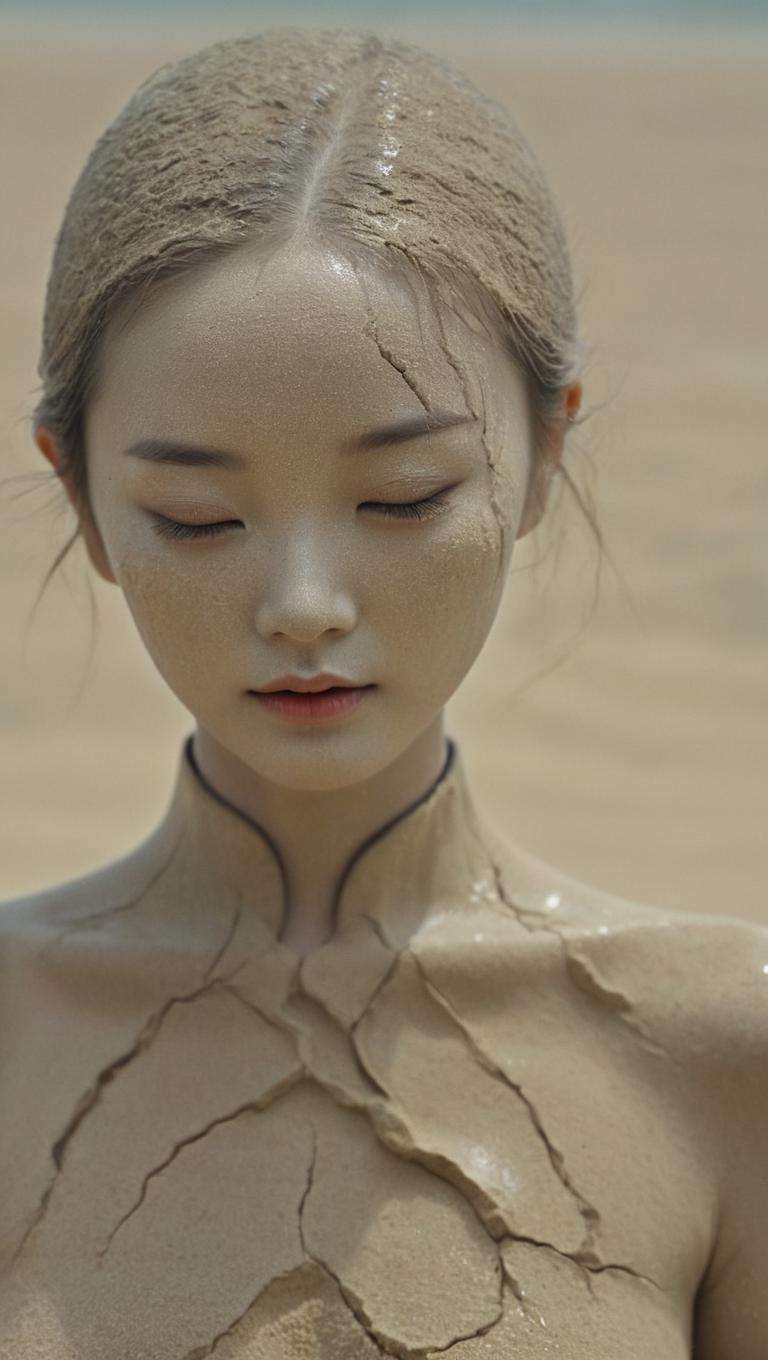 <lora:xl-shanbailing-1022Soil elements-土元素:1.05>,soil element,sand,(1girl:1.2),(cracked skin:1.4),realistic,(crack:1.4),rock,portrait,(a girl made of sand in a chinese style (cheongsam made of sand:0.85) with a large number of cracks under the body),gloomy environment,a breathtaking sight on the beach,1 girl made of sand stands on the beach,the texture of the sand gives the unique texture of the cheongsam,as if woven from grains of sand,however,the most striking is the texture of a large number of cracks under the girl's body,these tiny cracks are intertwined,the formation of a 1 unique pattern,as if the sand girl experienced years of baptism,