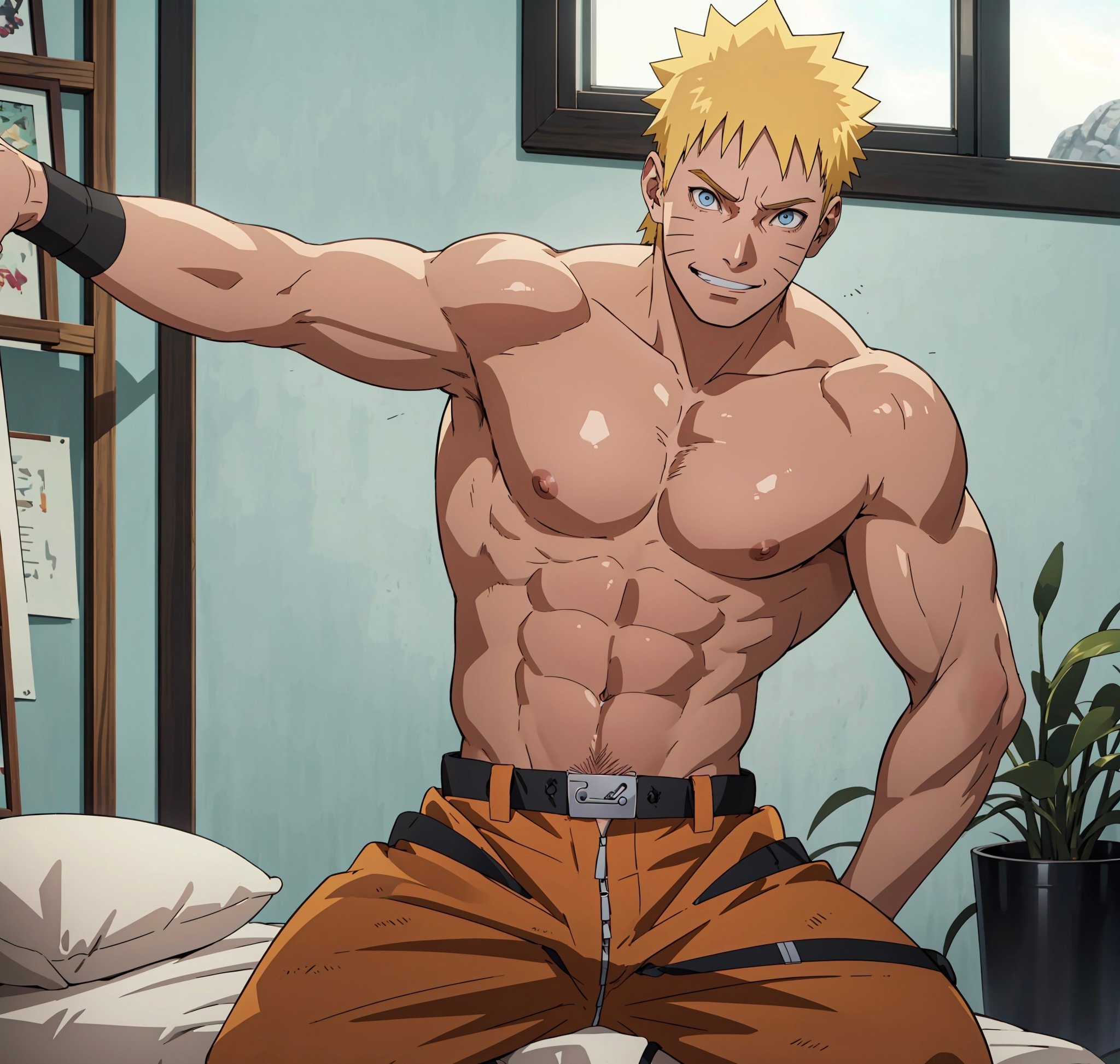 Naruto uzumaki , Chico musculoso alto , cabello amarillo, ojos azules , Lentes de sol, tetas grandes , sudoroso , seductor,  Visto desde abajo, Un hombre rubio acostado en una cama, Camisa, en ropa interior, Gran bulto en sus pantalones, sudoroso y sonrojado.  Cabello rubio corto, barba rubia corta.  con una erecci?n., estilo anim?, no_clothes,Naruto uzumaki, sonrisa ,Cabello amarillo, ojo azul, ventana ,Cabello amarillo 