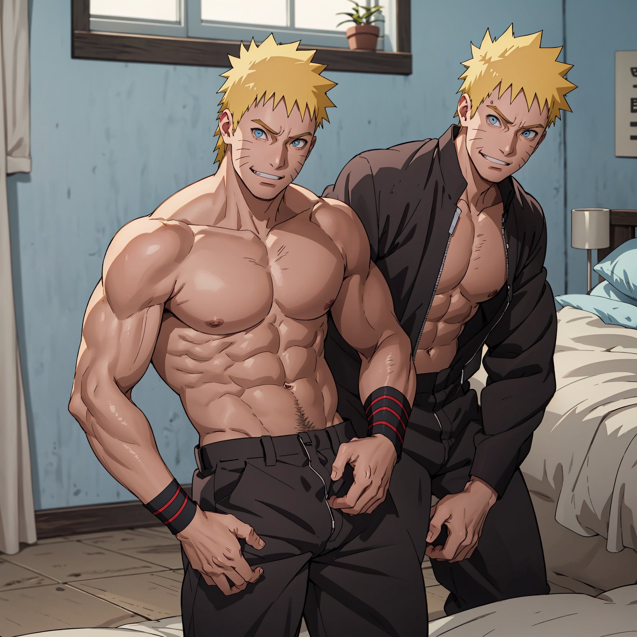 Naruto uzumaki,  1 voy,  Chico musculoso alto,  cabello amarillo,  ojos azules,  Lentes de sol,  tetas grandes,  sudoroso,  seductor,  Visto desde abajo,  Un hombre rubio acostado en una cama,  Camisa,  en ropa interior,  Gran bulto en sus pantalones,  sudoroso y sonrojado.  Cabello rubio corto,  barba rubia corta.  con una erección.,  estilo animé,  no_clothes, Naruto uzumaki,  sonrisa , Cabello amarillo,  ojo azul,  ventana , Cabello amarillo , Sonrisa, <lora:EMS-77012-EMS:0.700000>