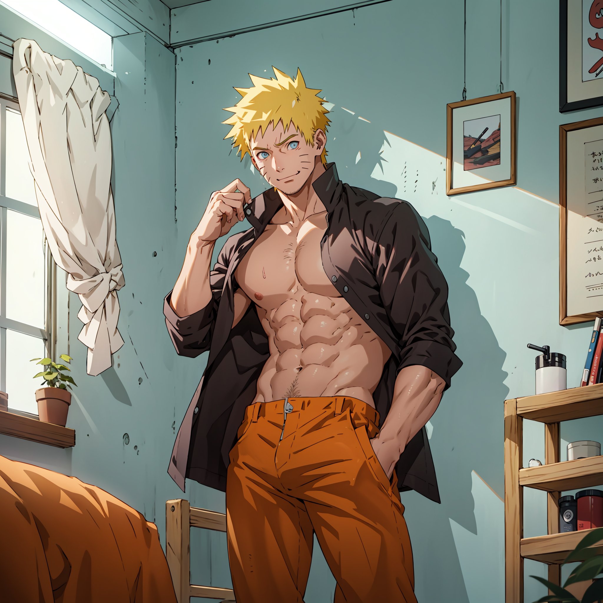 Naruto uzumaki,  Chico musculoso alto,  cabello amarillo,  ojos azules,  Lentes de sol,  tetas grandes,  sudoroso,  seductor,  Visto desde abajo,  Un hombre rubio acostado en una cama,  Camisa,  en ropa interior,  Gran bulto en sus pantalones,  sudoroso y sonrojado.  Cabello rubio corto,  barba rubia corta.  con una erección.,  estilo animé,  no_clothes, Naruto uzumaki,  sonrisa , Cabello amarillo,  ojo azul,  ventana, <lora:EMS-76622-EMS:0.800000>