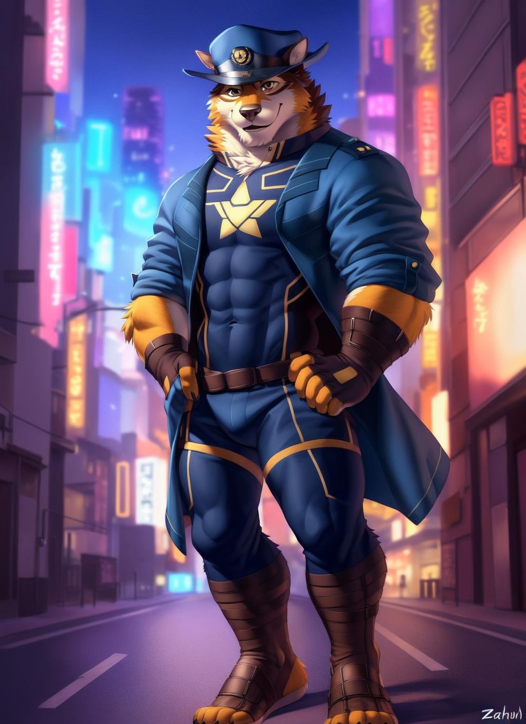 <lora:barrel-06:1>, barrel(live a hero), (soft shading), 4k, hi res, ((detailed face, detailed eyes, detailed)), (full body), by zackarry911, by zaush, (by personalami:0.5), mature male, bara, muscular male, muscular, (pose), tokyo \(city\), street, solo, looking at viewer, smile, gloves, hat, male focus, thighs, open clothes, black gloves, fingerless gloves, uniform, official alternate costume, bodysuit, covered navel, feet out of frame, thick thighs, skin tight, bulge, police, police uniform, police hat, covered abs