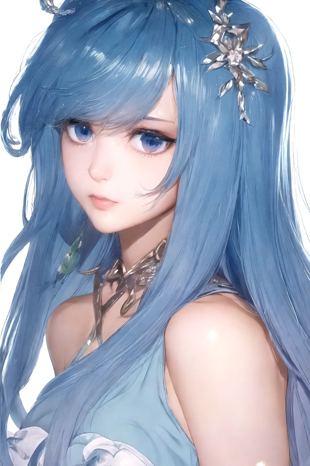 crystalstexture skin,best quality,masterpiece,ultra detailed,8k,RAW photo,
realistic,photorealistic,ultra-detailed,intricate detail,extremely detailed cg 8k wallpaper,
delicate pattern,
masterpiece,best quality,
ultra realistic 8k cg,masterpiece,(looking at viewer:1.1),
1girl,solo,blue_eyes,long_hair,blue hair,bare_shoulders,dress,multicolored_hair,detached_sleeves,facial_mark,forehead_mark,blue_dress,hair_ornament,detached_collar