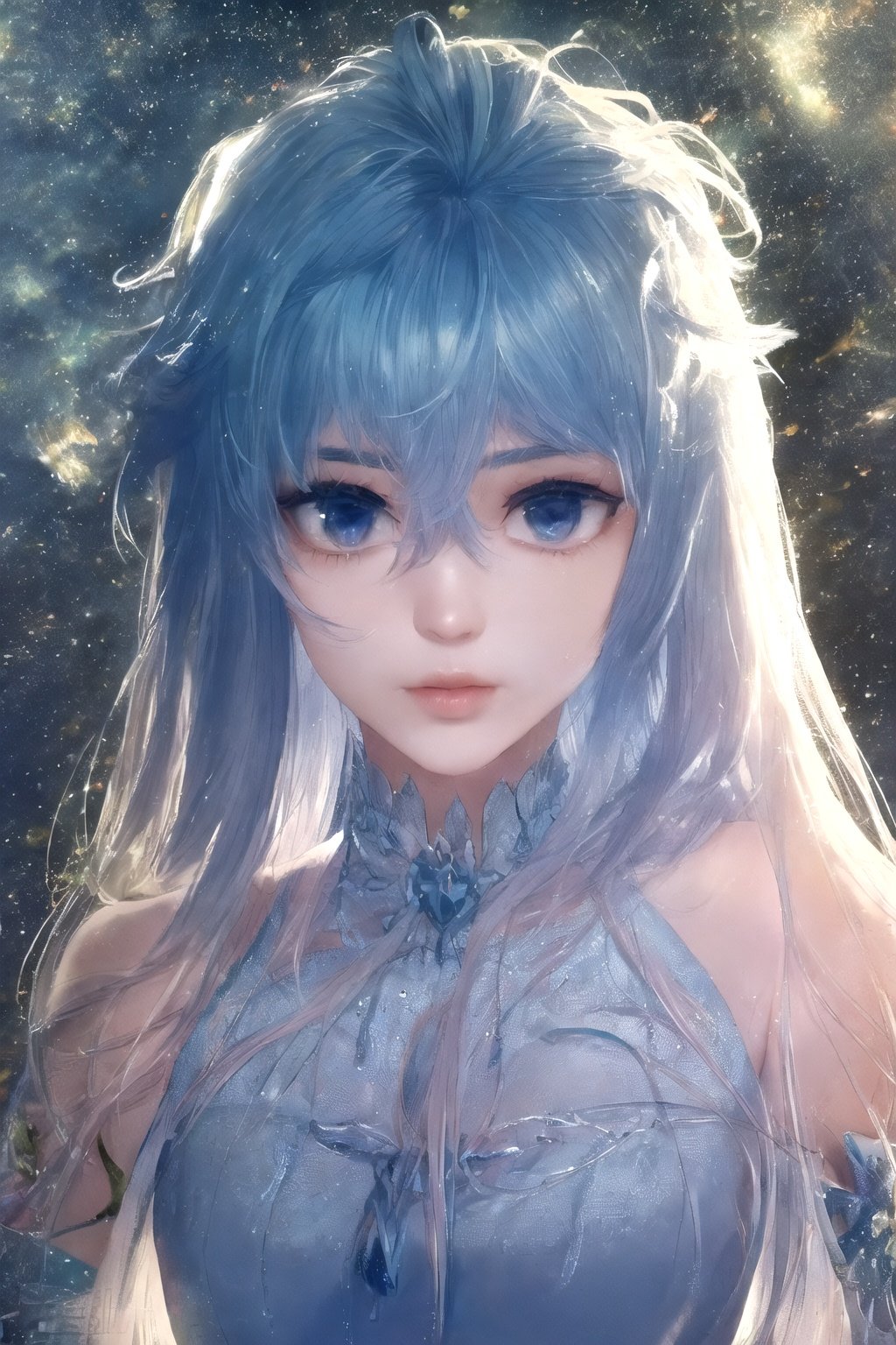 crystalstexture skin,best quality,masterpiece,ultra detailed,8k,RAW photo,
realistic,photorealistic,ultra-detailed,intricate detail,extremely detailed cg 8k wallpaper,
delicate pattern,
masterpiece,best quality,
ultra realistic 8k cg,masterpiece,(looking at viewer:1.1),
1girl,solo,blue_eyes,long_hair,blue hair,bare_shoulders,dress,multicolored_hair,detached_sleeves,facial_mark,forehead_mark,blue_dress,hair_ornament,detached_collar