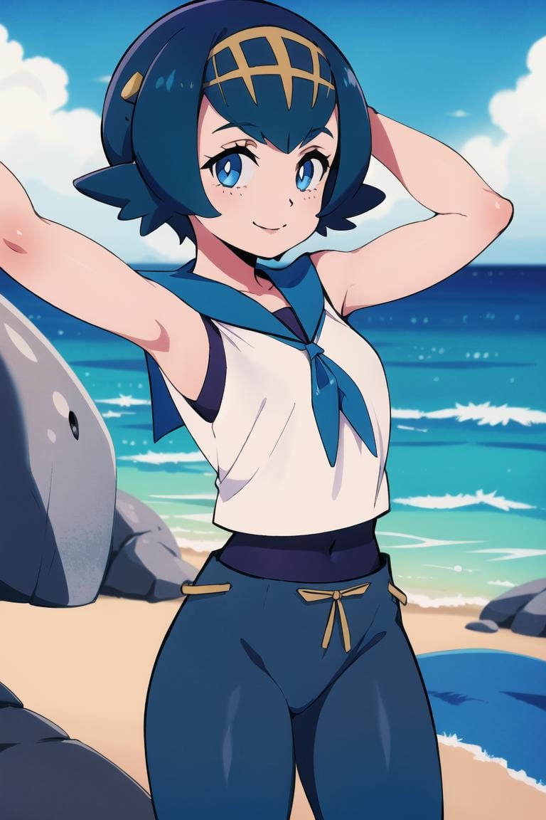 ((masterpiece,best quality)), absurdres,<lora:Lana_Pokemon:0.8>, Lana_Pokemon, sailor collar, sleeveless shirt, blue pants,solo, smiling, looking at viewer, cowboy shot,tropical background, cinematic composition, dynamic pose,