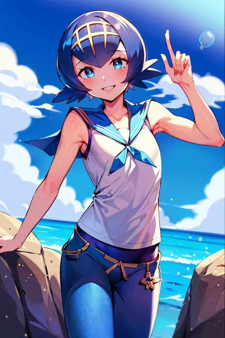 ((masterpiece,best quality)), absurdres,<lora:Lana_Pokemon:0.8>, Lana_Pokemon, sailor collar, sleeveless shirt, blue pants,solo, smiling, looking at viewer, cowboy shot,tropical background, cinematic composition, dynamic pose,