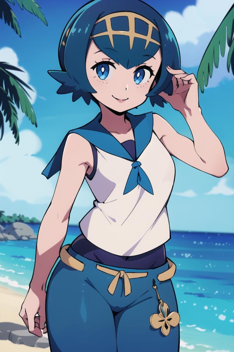 ((masterpiece,best quality)), absurdres,<lora:Lana_Pokemon:0.8>, Lana_Pokemon, sailor collar, sleeveless shirt, blue pants,solo, smiling, looking at viewer, cowboy shot,tropical background, cinematic composition, dynamic pose,