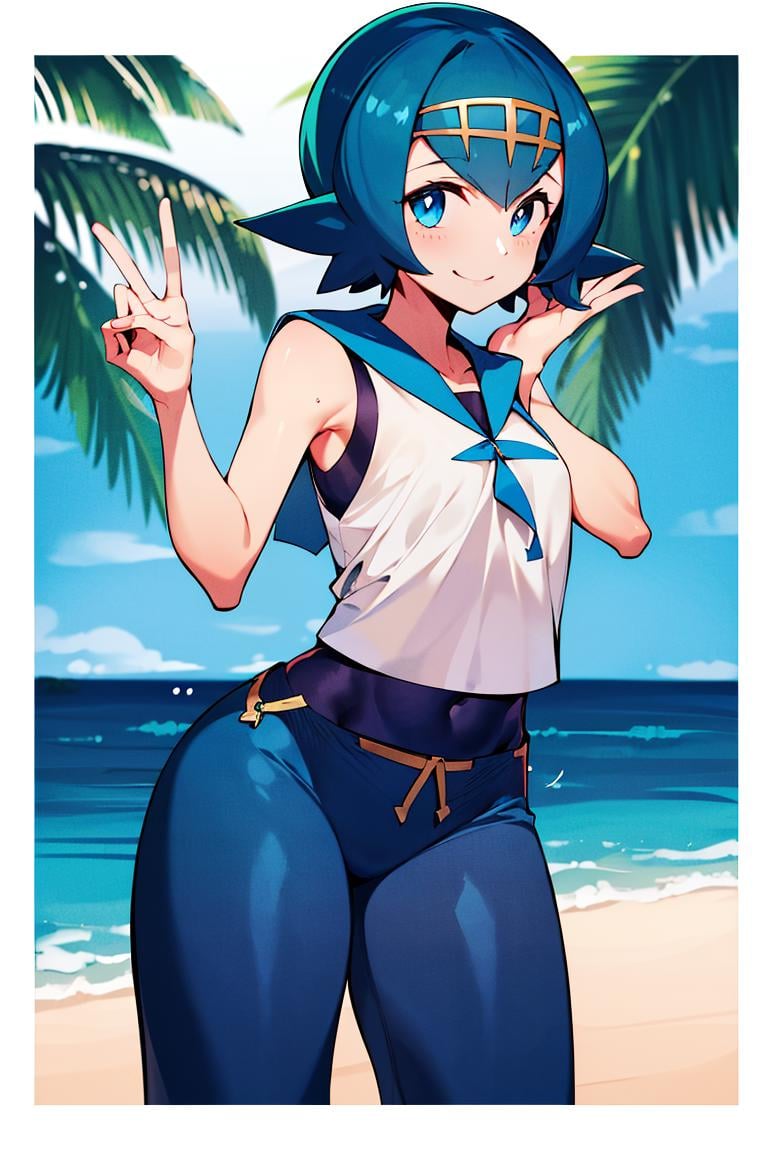 ((masterpiece,best quality)), absurdres,<lora:Lana_Pokemon:0.8>, Lana_Pokemon, sailor collar, sleeveless shirt, blue pants, solo, smiling, looking at viewer, cowboy shot, tropical background, cinematic composition, dynamic pose,