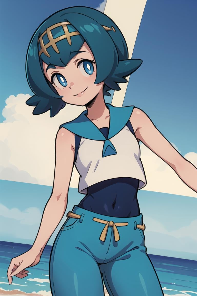 ((masterpiece,best quality)), absurdres,<lora:Lana_Pokemon_v2_Anime:0.7>, Lana_Pokemon, 1girl, solo, short blue hair, blue eyes, yellow hairband, white shirt, sleeveless, blue sailor collar, blue pants, bright pupils, swimsuit under clothes,solo, smiling, looking at viewer, cowboy shot, side view, cinematic composition, contrapposto, 