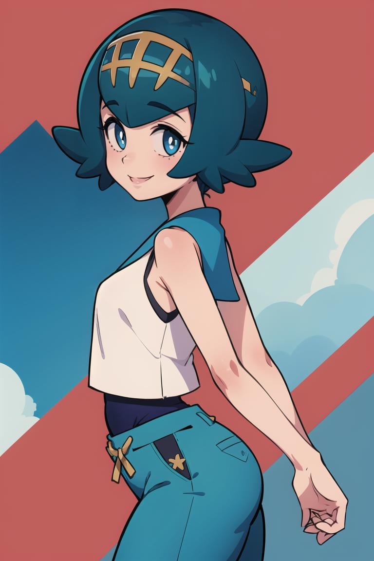 ((masterpiece,best quality)), absurdres,<lora:Lana_Pokemon_v2_Anime:0.7>, Lana_Pokemon, 1girl, solo, curvy, short blue hair, blue eyes, yellow hairband, white shirt, sleeveless, blue sailor collar, blue pants, bright pupils, swimsuit under clothes,solo, smiling, looking at viewer, cowboy shot, side view, cinematic composition, contrapposto, 