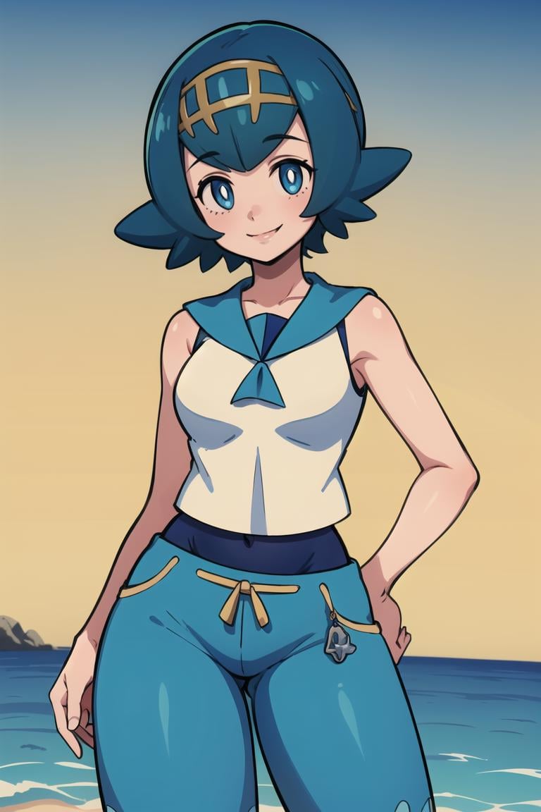 ((masterpiece,best quality)), absurdres,<lora:Lana_Pokemon_v2_Anime:0.7>, Lana_Pokemon, 1girl, solo, curvy, short blue hair, blue eyes, yellow hairband, white shirt, sleeveless, blue sailor collar, blue pants, bright pupils, swimsuit under clothes,solo, smiling, looking at viewer, cowboy shot, , cinematic composition, contrapposto, 