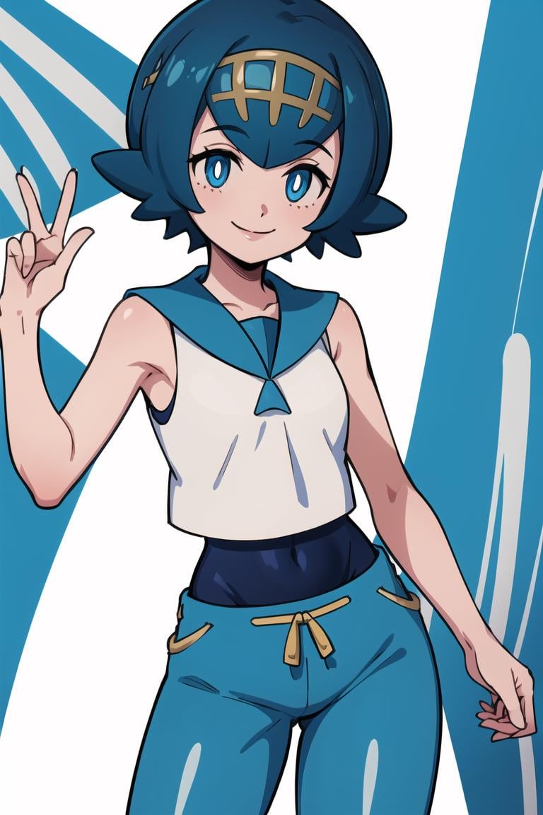 ((masterpiece,best quality)), absurdres,<lora:Lana_Pokemon_v2_Anime:0.7>, Lana_Pokemon, 1girl, solo, short blue hair, blue eyes, yellow hairband, white shirt, sleeveless, blue sailor collar, blue pants, bright pupils, swimsuit under clothes,solo, smiling, looking at viewer, cowboy shot, , cinematic composition, contrapposto, 