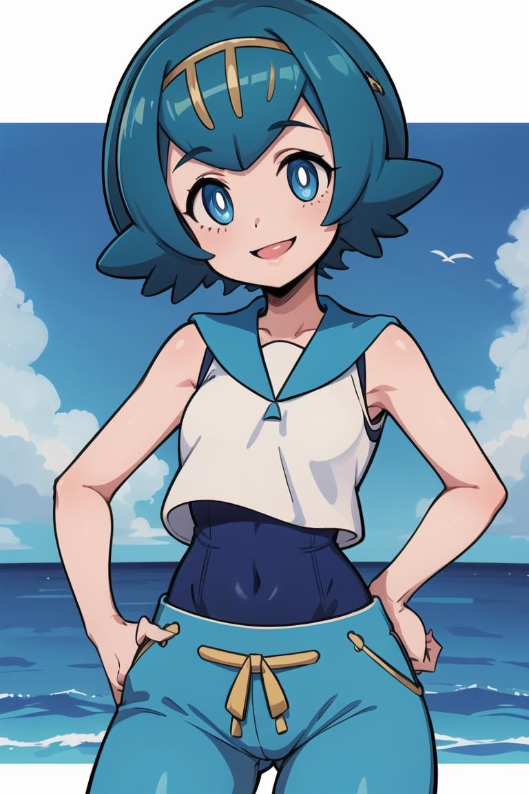 ((masterpiece,best quality)), absurdres,<lora:Lana_Pokemon_v2_Anime:0.7>, Lana_Pokemon, 1girl, solo, short blue hair, blue eyes, yellow hairband, white shirt, sleeveless, blue sailor collar, blue pants, bright pupils, swimsuit under clothes,solo, smiling, looking at viewer, cowboy shot, , cinematic composition, contrapposto, 