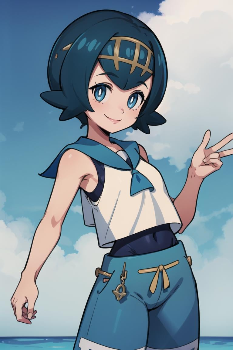 ((masterpiece,best quality)), absurdres,<lora:Lana_Pokemon_v2_Anime:0.8>, Lana_Pokemon, 1girl, solo, curvy, short blue hair, blue eyes, yellow hairband, white shirt, sleeveless, blue sailor collar, blue pants, bright pupils, swimsuit under clothes,solo, smiling, looking at viewer, cowboy shot, side view, cinematic composition, contrapposto, 