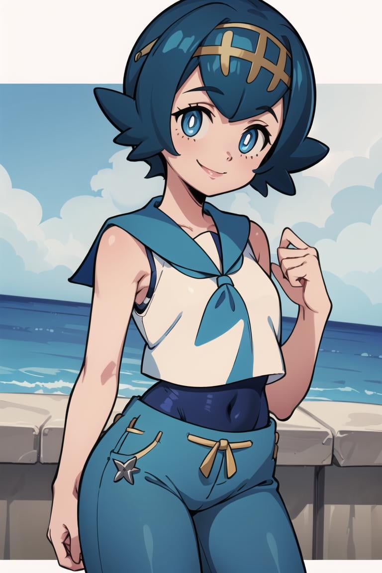 ((masterpiece,best quality)), absurdres,<lora:Lana_Pokemon_v2_Anime:0.7>, Lana_Pokemon, 1girl, solo, curvy, short blue hair, blue eyes, yellow hairband, white shirt, sleeveless, blue sailor collar, blue pants, bright pupils, swimsuit under clothes,solo, smiling, looking at viewer, cowboy shot, side view, cinematic composition, contrapposto, 